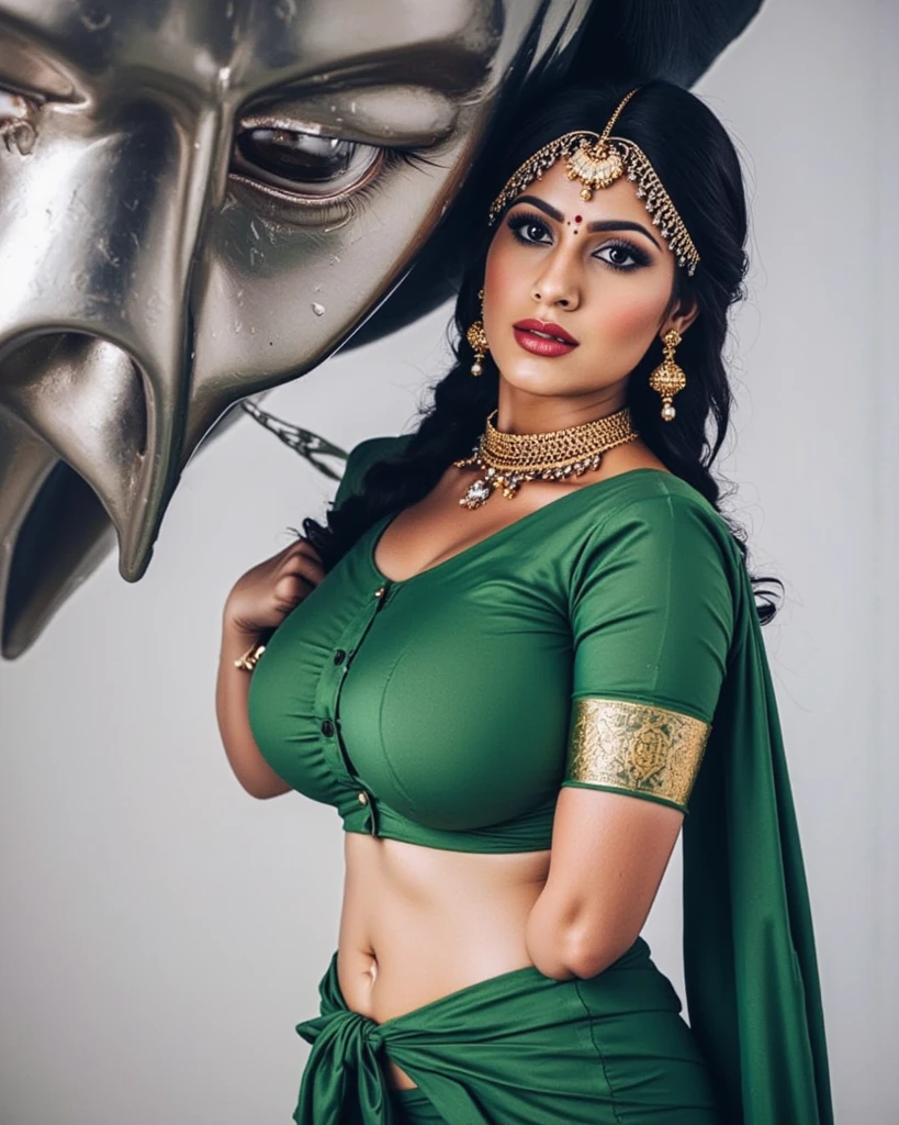 ((realistic: 1.5)),((best quality)), ((masterpiece)),((detailed)),
(1girl), {a beautiful female wearing a Sari golden},
(upper body: 1.3), super-wide-angle lens, face focus,
mature, sexy, toned muscles, long legs, curvy, barefoot, cleavage, thick thighs, wide hips,
green eyes, long black hair, hair floting, long eyelashes,
(detailed face, beautiful eye, detailed pupils, detailed features of clothing, light background: 1.3),
(Bindi, Jhumkas:1.3),
(dress, armband, haar, payal, maang tikka, jhumkas, kamarband, bangles: 1.3),
mysterious ancient ruin, lush forests, deep canyons, bridge, river, cliff, cloud, lakes, rock, waterfalls, flowers, grass, fog, vine, tree, smoke,
best shadow, bright, sharp details, perfect composition,
Intricate, sharp focus, dramatic,
by Frank Frazetta,by Julie Bell,by Olivia De Berardinis,by Luis Royo,by boris vallejo,
(specular illumination: 1.3), edge light,
