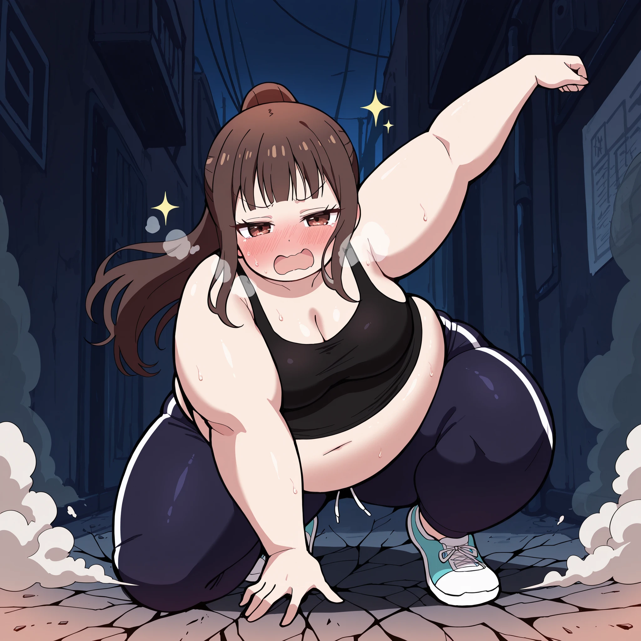 high resolution picture, masterpiece, best quality, amazing quality, solo, 1girl, Miko Lino \(Kaguya sama\), ,brown hair, brown eyes, , , medium breasts ,source anime,
BREAK (curvy), cracked floor, dust cloud superhero landing,, head down one arm outstretched, one arm up, , tank top, black shirt, sweatpants, dark blue sweatpants, u.a. gym pants, black tank topt, , alley, night, , , embarrassed fat, chubby, obese, gigantic arms and legs, large breasts open mouth, out of breath, sparkle, looking at viewer, , pov belly, smug,