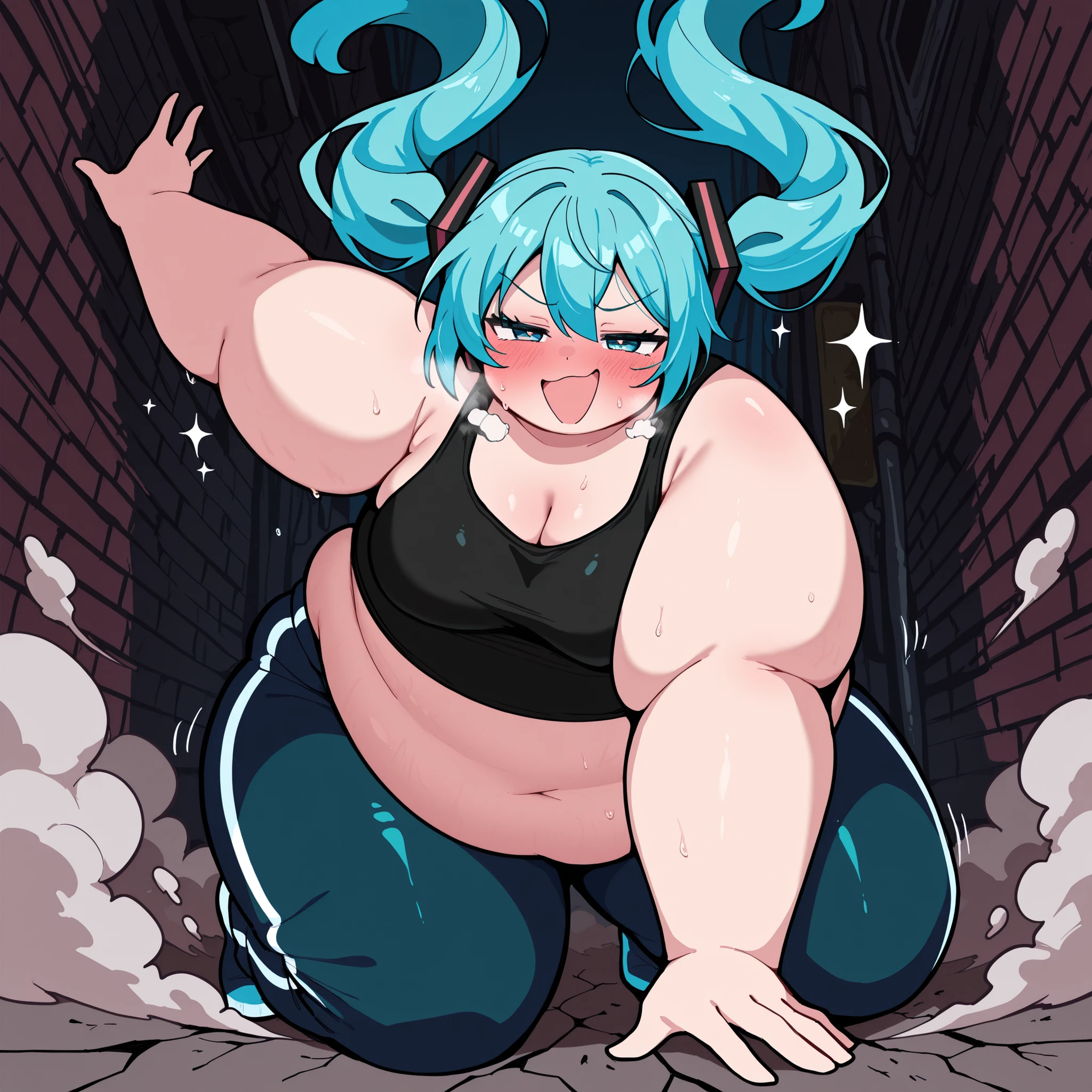 high resolution picture, masterpiece, best quality, amazing quality, solo, 1girl, Hatsune Miku, ,blue hair, blue eyes, , , medium breasts ,source anime,
BREAK (curvy), cracked floor, dust cloud superhero landing,, head down one arm outstretched, one arm up, , tank top, black shirt, sweatpants, dark blue sweatpants, u.a. gym pants, black tank topt, , alley, night, , , embarrassed fat, chubby, obese, gigantic arms and legs, large breasts open mouth, out of breath, sparkle, looking at viewer, , pov belly, smug,