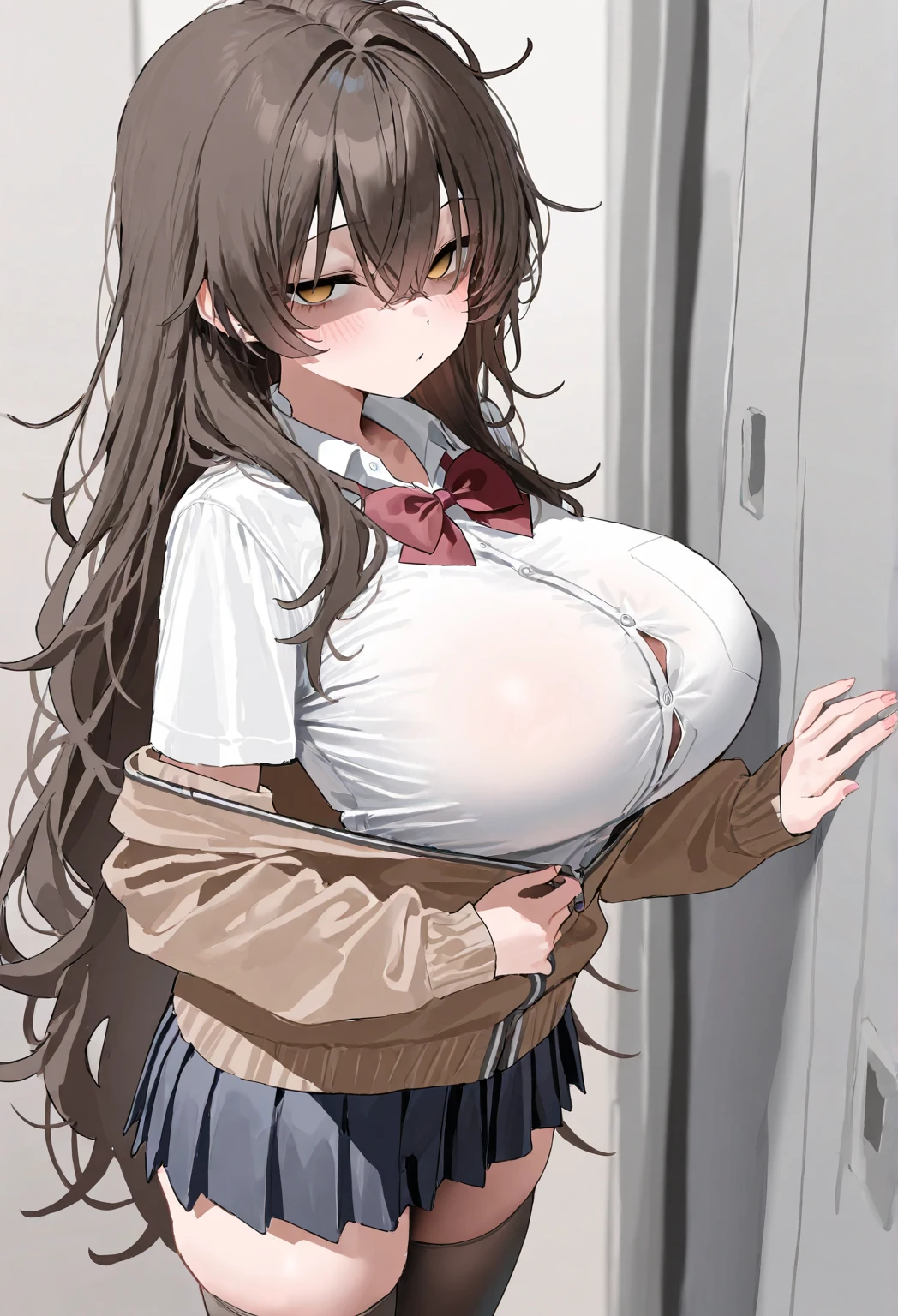 kotegawa yui, Yui Kotegawa, black hair, (brown eyes:1.5), long hair, anger, open your mouth, breathe,Sweat,Wet,blush your nose, heart-shaped pupil, I was irritated,
break green skirt, plaid, plaid skirt, sainan high , , skirt, Sweater vest, (yellow Sweater), short sleeve,
break looking at viewer,
break indoors, classroom,
break (masterpiece:1.2), highest quality, High resolution, unity 8k wallpaper, (shape:0.8), (beautiful and detailed eyes:1.6), highly detailed face, perfect lighting, Very detailed CG, (perfect hands, perfect anatomy),(big breasts),( round chest:1.2),(huge breasts1.6),from below,(thin:1.3),toned stomach,tight clothes,clothes that fit the body,(Tuck the shirt into the skirt:1.6),chest is emphasized,pregnant