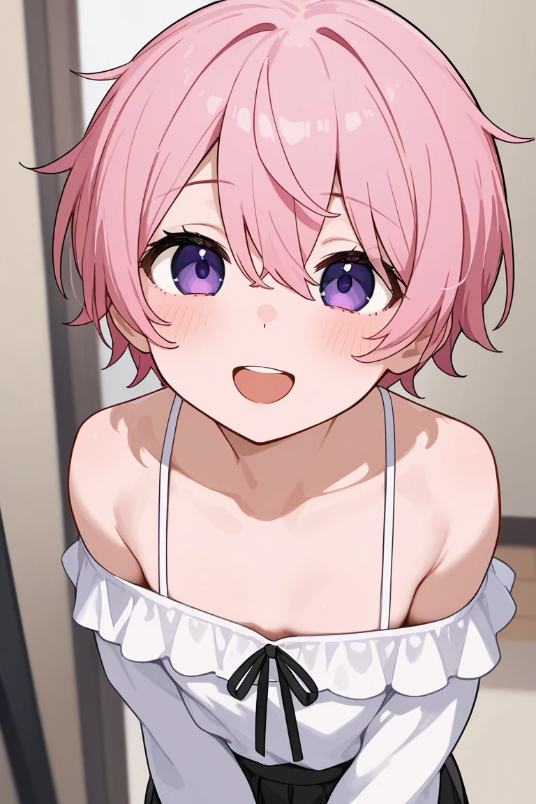 One girl、Standing on a wooden stage、Light blue bra、Light blue panties、Dark pink hair、Feeling embarrassed、blue eyes、looking at the camera、Bob Hair