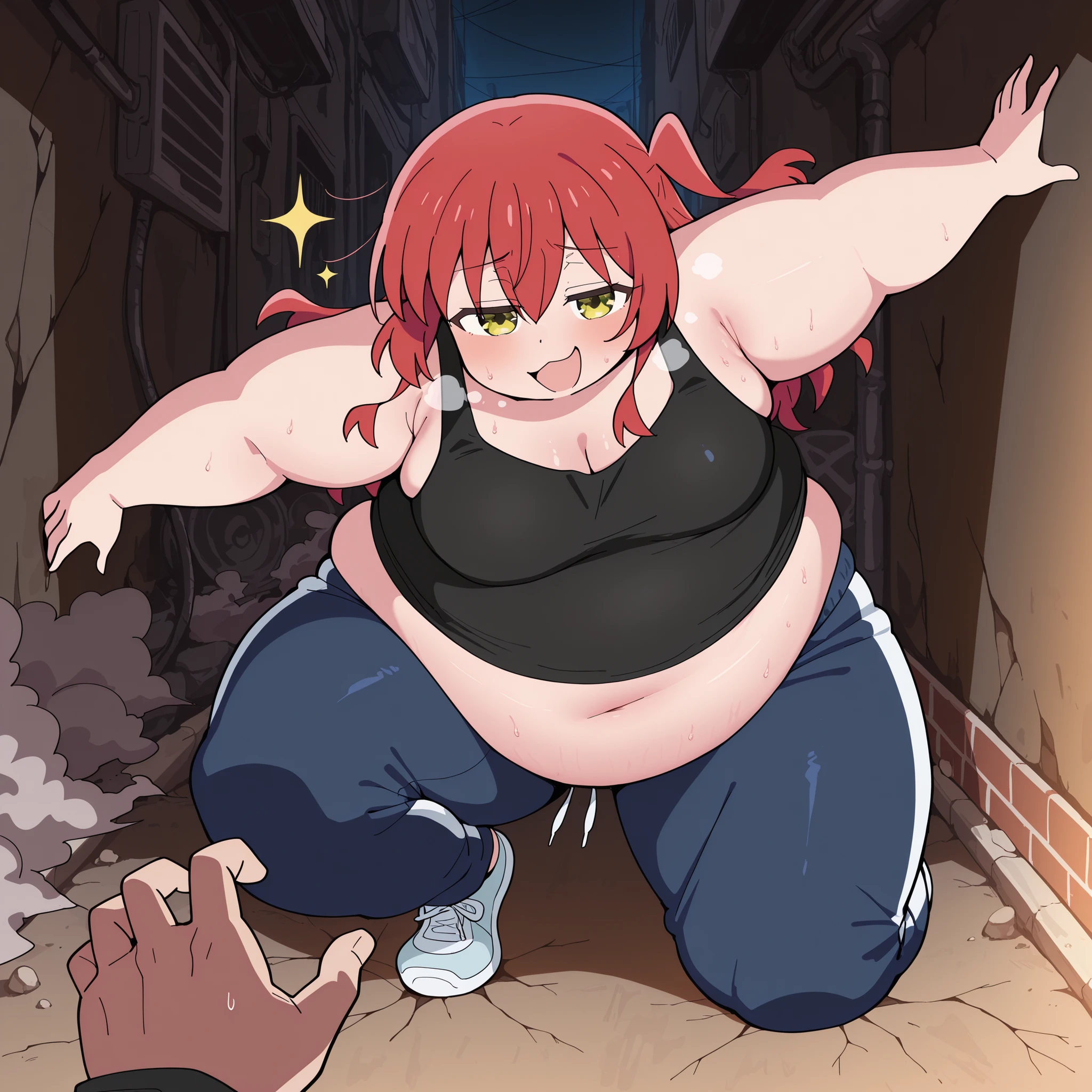 high resolution picture, masterpiece, best quality, amazing quality, solo, 1girl, Kita Ikuyo \(Bocchi the rock\), ,red hair, Yellow eyes, , , medium breasts ,source anime,
BREAK (curvy), cracked floor, dust cloud superhero landing,, head down one arm outstretched, one arm up, , tank top, black shirt, sweatpants, dark blue sweatpants, u.a. gym pants, black tank topt, , alley, night, , , fat, chubby, obese, gigantic arms and legs, large breasts open mouth, out of breath, sparkle, looking at viewer, , pov belly, smug,