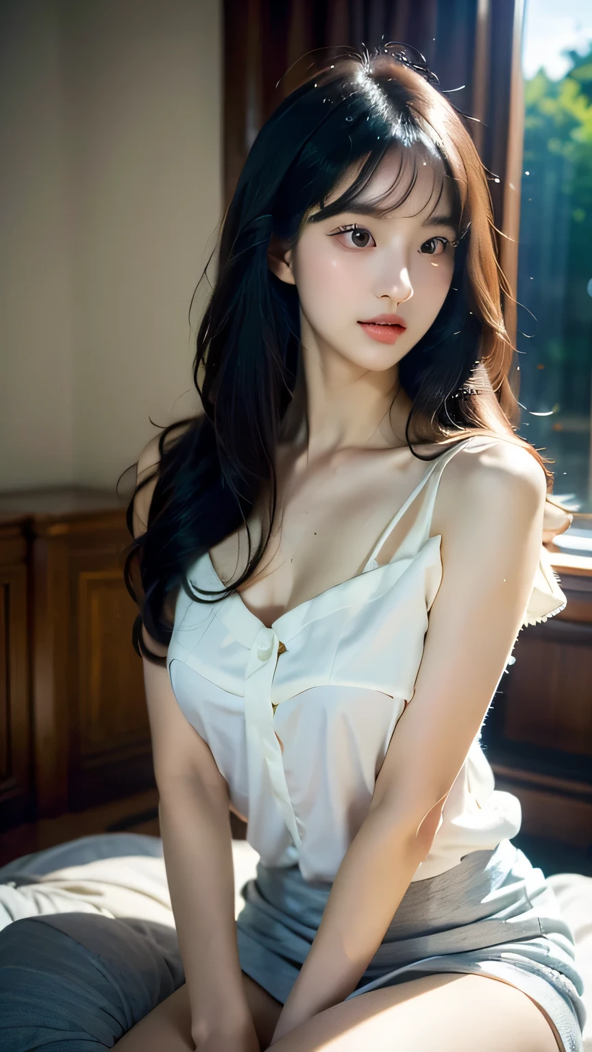 Special clothes34,bare shoulders,shirt, ((knee shot)), fashi-girl, red lips, mature female, makeup, realisticlying, A high resolution, 1girl, Alone, Just look at the audience, (详细的脸), Hefty Smile, Nice big eyes, Ultra-fine makeup, Long blonde hair, curlies, messy  hair, A plump chest, Skinny figure, Random scenes, Random shooting angle, Casual pose, posing elegantly, Lazy expression
