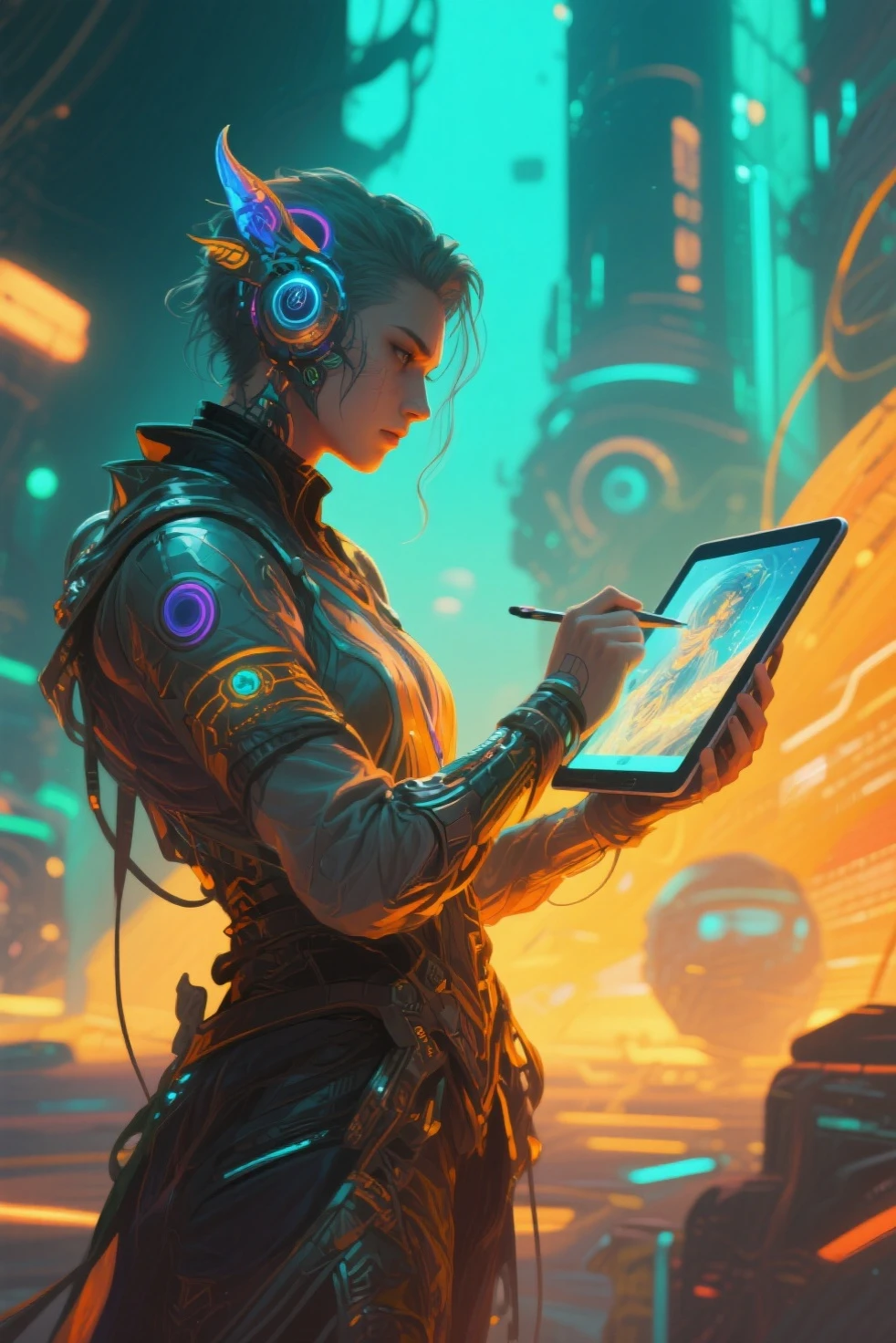 (masterpiece, best quality, highres, absurdres, detailed:1.2), humanoid, robot, wearing headphones, looking away, (cyberpunk, art canvas, paint brush, easel, iridescent, holographic: 1.6), (cables, wires, flames, fire, smoke, overheat, explosion, indoors, room, simple background)