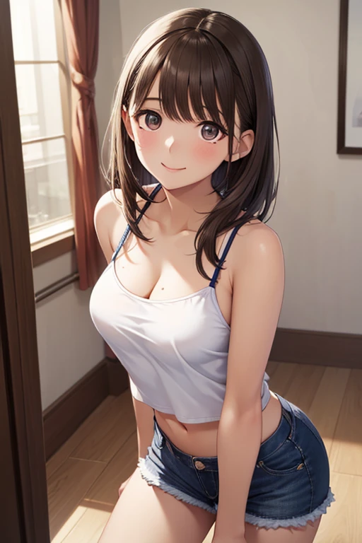 HD detailed, Super detailed, Realistic,Hyperrealism,Best image quality、Highest quality、masterpiece、Ultra-high resolution、8k、immature、Like the picture:1.5、Professional Lighting、Young Japanese Woman,Stylish、、Slender、tight denim shirt、A kind smile、Wear jeans
