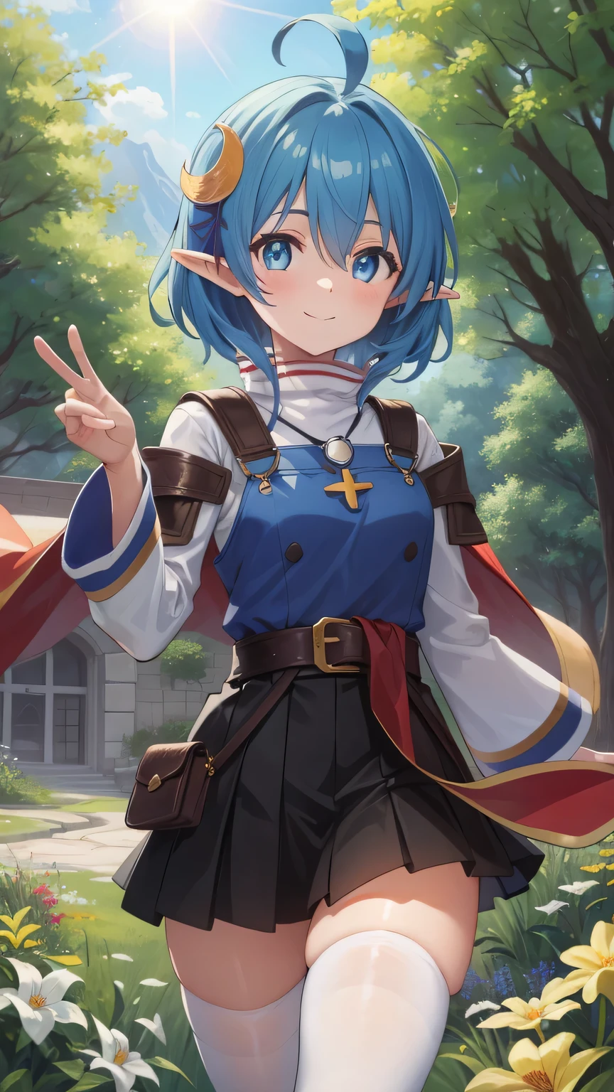 {{{masterpiece}}}, (best quality:1.5), (ultra-detailed:1.5), {illustration}, {{an extremely delicate and beautiful}}, (beautiful detailed eyes:1.6), absurdres, highres, extremely detailed face, 16k, hd, visual anime de uma jovem mulher, extremamente bonito rosto de anime, anime melhor garota, (perfect hands, perfect anatomy), (five fingers:1.1), anime face, Rena Lanford(Star Ocean), 1girl, solo, cute face, blue hair, short hair, ahoge, sidelocks, hair between eye, crescent hair ornament, pointy ears, big eyes, blue eyes, medium breasts, big hips, curvaceous, BREAK, red cape, blue overalls vest, white shirt, turtleneck shirt, long sleeves, white sleeves, leather armor, pendant, (red-waist ribbon:1.2), (blue skirt:1.3), miniskirt, white thighhighs, brown shoes, thighs, zettai ryouiki, BREAK, smiling, looking at viewer, flushed cheeks, flash effect, outdoor, mountain, daytime, forest, flower garden, field, sunshine, peer in from below