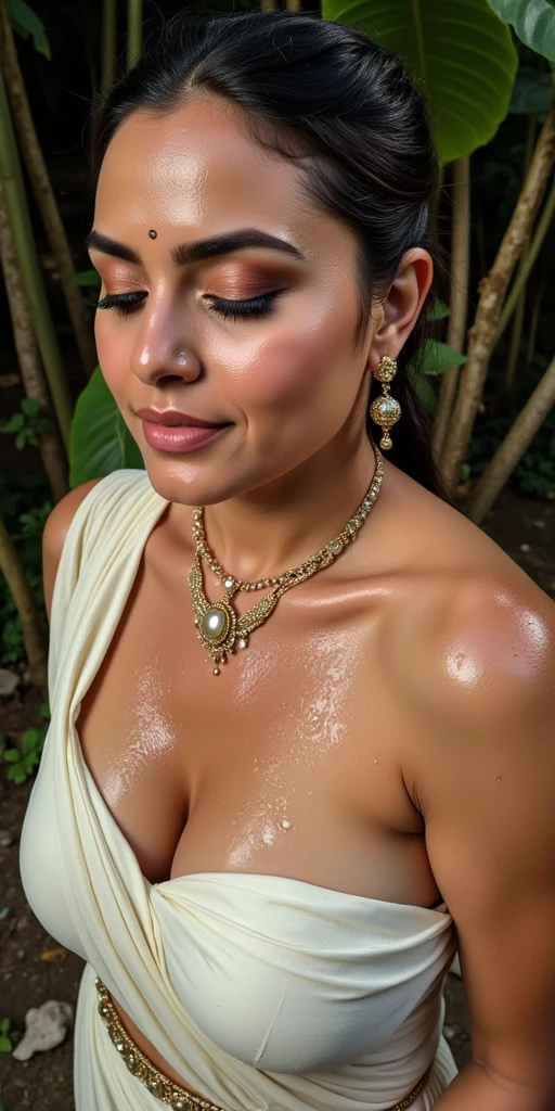 Day scene, sexy latina, bathing in, merged in water, black bra, big cheeks, deep cleavage, french braid hair, necklace, erotic face, 34 yo, look at viewer and seductive smile, (photorealistic:1.3), intricate details, (ArtStation:1.2), Full body, Nude, naked, navel, juicy pussy,rashi khanna, a woman