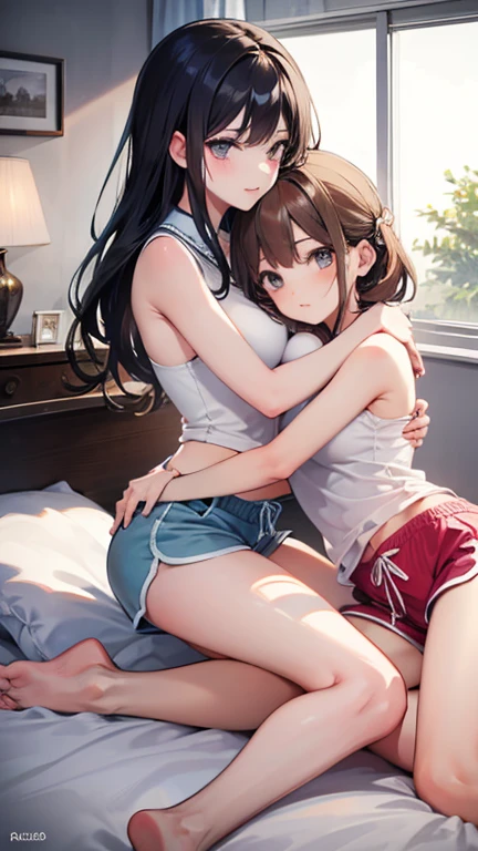 masterpiece, best quality, perfect anatomy, 4k resolution, 2girls, (Tifa Lockhart) and (Aerith Gainsborough), laying on bed together