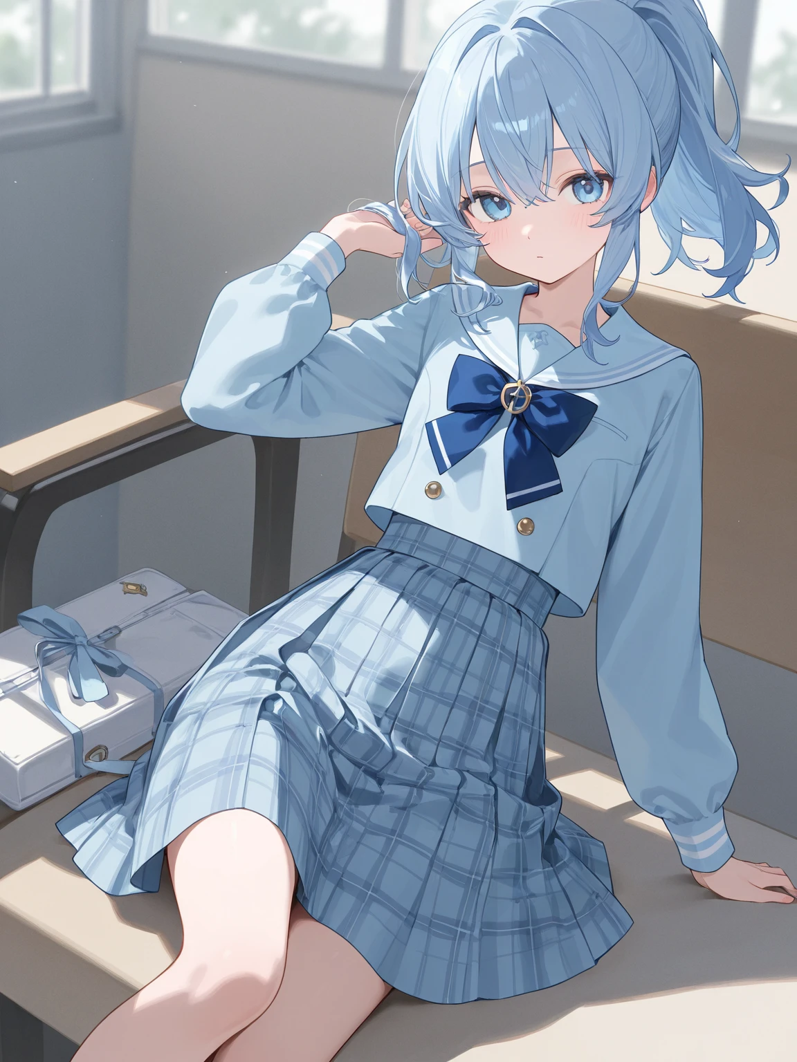 ((Masterpiece)), ((Best Quality)), Absurdres, 1boy, Squat Cowboy Pose, POV, School Uniform, (Classroom:1.1)(8k, RAW photo, best quality, masterpiece:1.3),(realistic,photo-realistic:1.37),(night),(looking at viewer:1.331),(white hair),posing, soft light,1boy, extremely beautiful face,bust,Random expression,big eyes, ,lower abdomen,(short-sleeved JK_shirt:1.3),JK_style,(JK_skirt:1.3) ,(bow JK_tie),mix4, School Uniform: 1.5), Xingqiu (Genshin), Crouch, dark blue hair