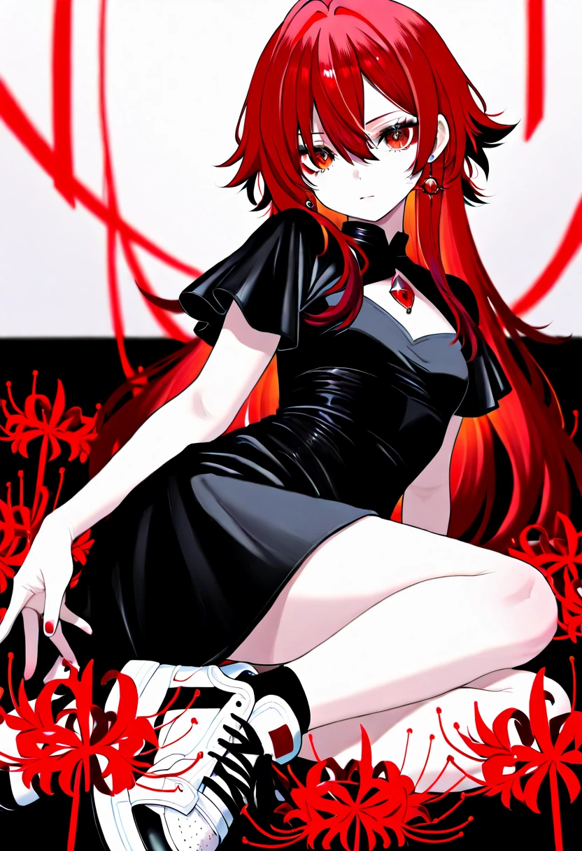 Long red hair, yellow eyes, evil, sexy, black sexy transparent lingerie, seductive, skirt, sexy pose, blood, red room, pantyhose, hands on the , red nails, night, sensual, straigh hair cut, clear skin, evil, young 30 years girl, adult girl, solo, red, very long hair, 