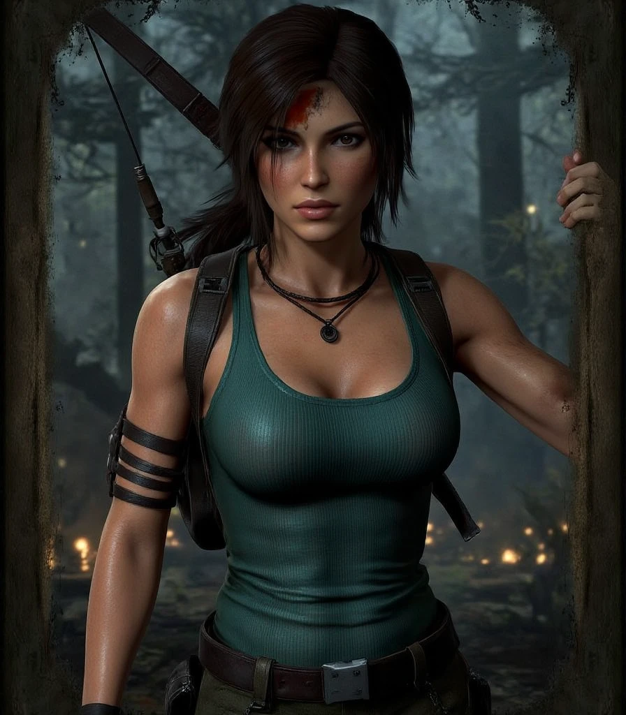 (masterpiece, top quality, best quality, official art, beautiful and aesthetic:1.2), (1girl:1.3), brown hair, ponytail, extremely detailed, portrait, looking at viewer, solo, (full body:0.6), detailed background, close up, mischievous eyes, (cool Incan ruins theme:1.1), pleasant smile, brunette, aquiline nose, green eyes, ponytail, ((gigantic breasts)), (thin), athletic, Lara Croft. Wearing a sleek light blue sleeveless top, brown shorts, boots, shoulder harness, backpack, holsters, utility belt, slim waist, slim hips, long legs, ancient (jungle ruins exterior:1.1) detailed background, bright optimistic lighting, shadows, magical atmosphere, dutch angle