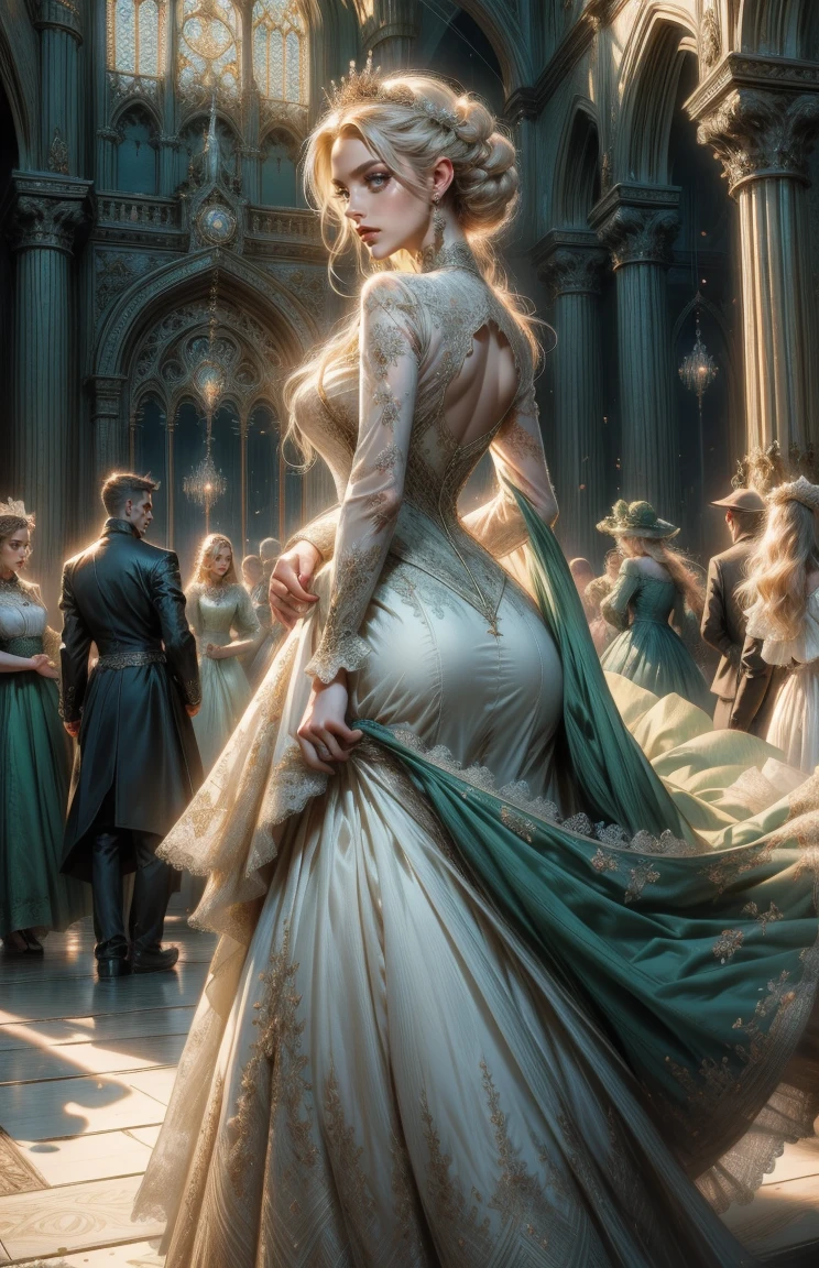 (Masterpiece - Ultra-detailed, very high resolution) Prepare to be enchanted by a true masterpiece that combines ultra-detailed art with high-resolution rendering. This work depicts a mesmerizing woman with very long blond hair (1.3) and captivating light blue eyes (1.2), emanating an aura of elegance and mystery in Victorian settings. The intricate details and realistic textures invite you to explore every aspect of this enchanting composition. Woman wearing beautiful classic Victorian costume from the year 1878. Red lips. Happy face. Smiling. (white dress:1.2). Walking,backwards, looking back, upper body, dynamic poses. Get ready to dive into a world where beauty and craftsmanship merge perfectly.