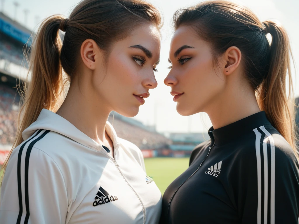 2 women kissing side by side, Wearing red white and blue volleyball uniforms, sleeveless, at the same height, (a brunette woman, tanned) (a blonde), small, sweaty breasts, masterpiece, best quality, amazing shadow, Detailed background, Silk shot