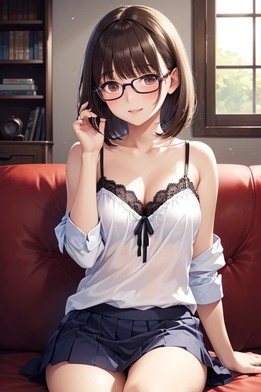 Beautiful girl with glasses showing off her erotic panties