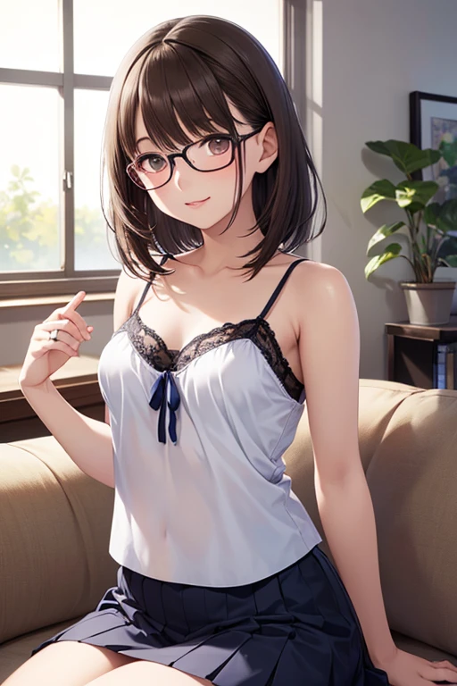 masterpiece, best quality, 1girl, beautiful body, indoor, room, buttocks, leaning towards, bra, panty, collarbone, glasses, medium short body, cute smile, skirt pull down, visible panty, changing clothes,, sweat, from above