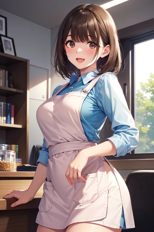 very wide shot, Cowboy Shots, straight, look to the side, face focus, Staring at the viewer, throw, Peep , (masterpiece),(top quality),(Super Detailed),(BEST ILLUSTRATION),(Incredibly high resolution:1.5), (Textures), (Detailed Background),(Very Aesthetic), (limbs are biologically correct), solo, mature women,SHORT BOB, dark brown hair, Dark Brown Eyes, Tareme,  lips, Smile, Open Mouth, embarrassed, Pale blush, green apron, indoor, (storehouse, Work in an office, Room), standing, day, blast style, Cross Thread


,,




、
.


,,,,
.

.


.
.


, ...

.
.
、, 


,( masterpiece, best quality, high resolution, ultra high resolution, pixel perfect, depth of field, 4K, RTTX10.0),
、Anegasaki Nene, shiny brown hair, beautiful brown eyes, smiling face, sparkling pupils, (fine grain), , highly detailed face,, (masterpiece:1.2, best quality), ((only1 girl)), ((cowboy shot))