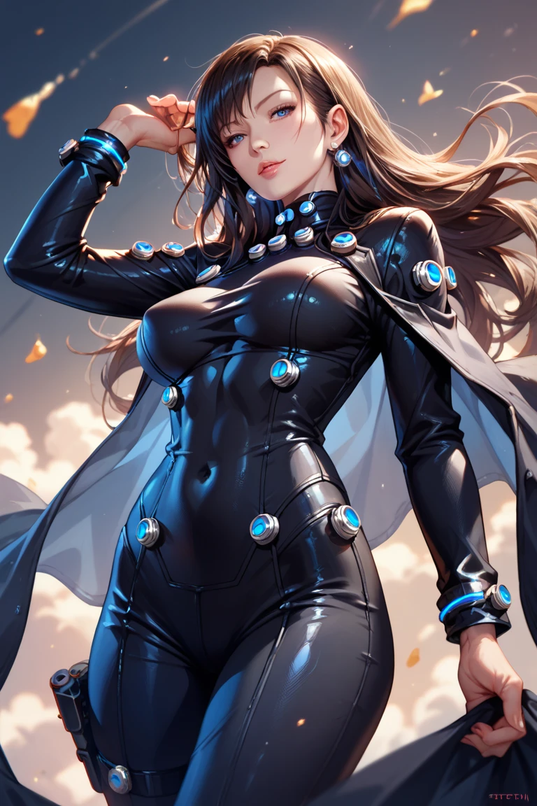 highest quality、Realistic、female、Japanese、zoom、cute、Brown eyes、Black Hair、long hair、Light Blue Hero Suit、Gold accents on suits、Shiny bodysuit、