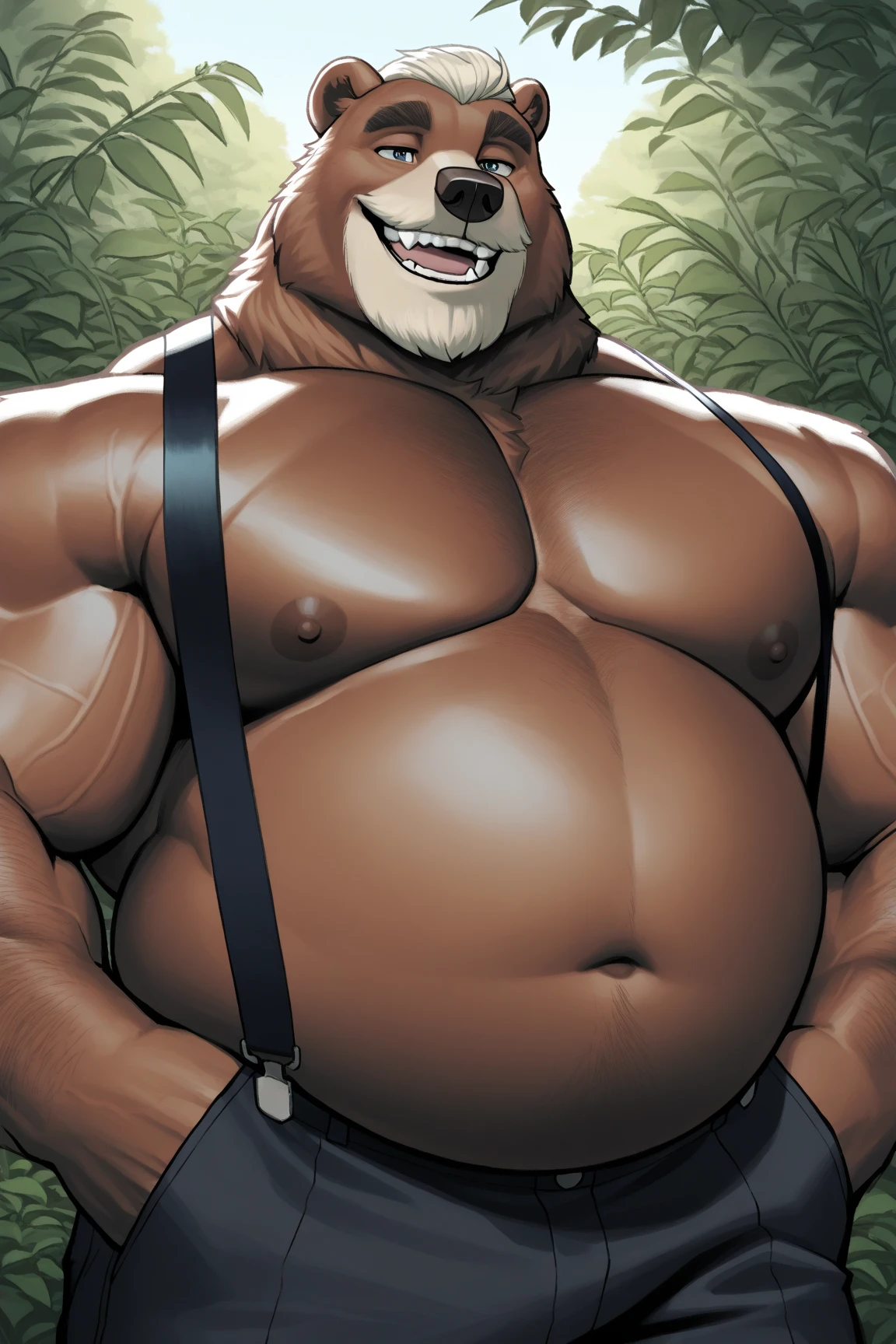e621, ((oil painting \(medium\), by Rayhuma)), solo hyper musclegut male ((gorilla,prick ears,brown fur,hyper pecs, penis bulge, fur on cheek, long muzzle, brown monkey tail muscular abs,(brown body:1.5), big smooth muscles, glowing mono red eyes,biceps,onecolored body,summer,sharp fangs)), (flannel shirt:1.5, shorts:1.1), ((open topwear, tight:1.2)), (crossed arms, standing, :p), giga, (medium close-up, low-angle view:1.1), BREAK, (office, sunny day), (detailed background, (white walls, open small window, plants on sill:1.2), full body shadow, sunlight, ambient light on the body), (masterpiece, best quality, ultra realistic, 4k, 2k), (high detail:1.3), film photography,