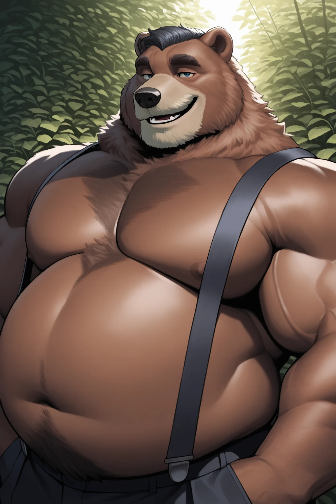 furry, fur taur, brown beartaur, middle-age, detailed face, bear ears, bear eyes(brown), bear nose(black), bear mouth, garibaldi beard(white), mature hair(white), detailed arms(strongest), hands(5 fingers), detailed body belly, muscle belly(white), chest harness, detailed taur body, bear paws, bear tail