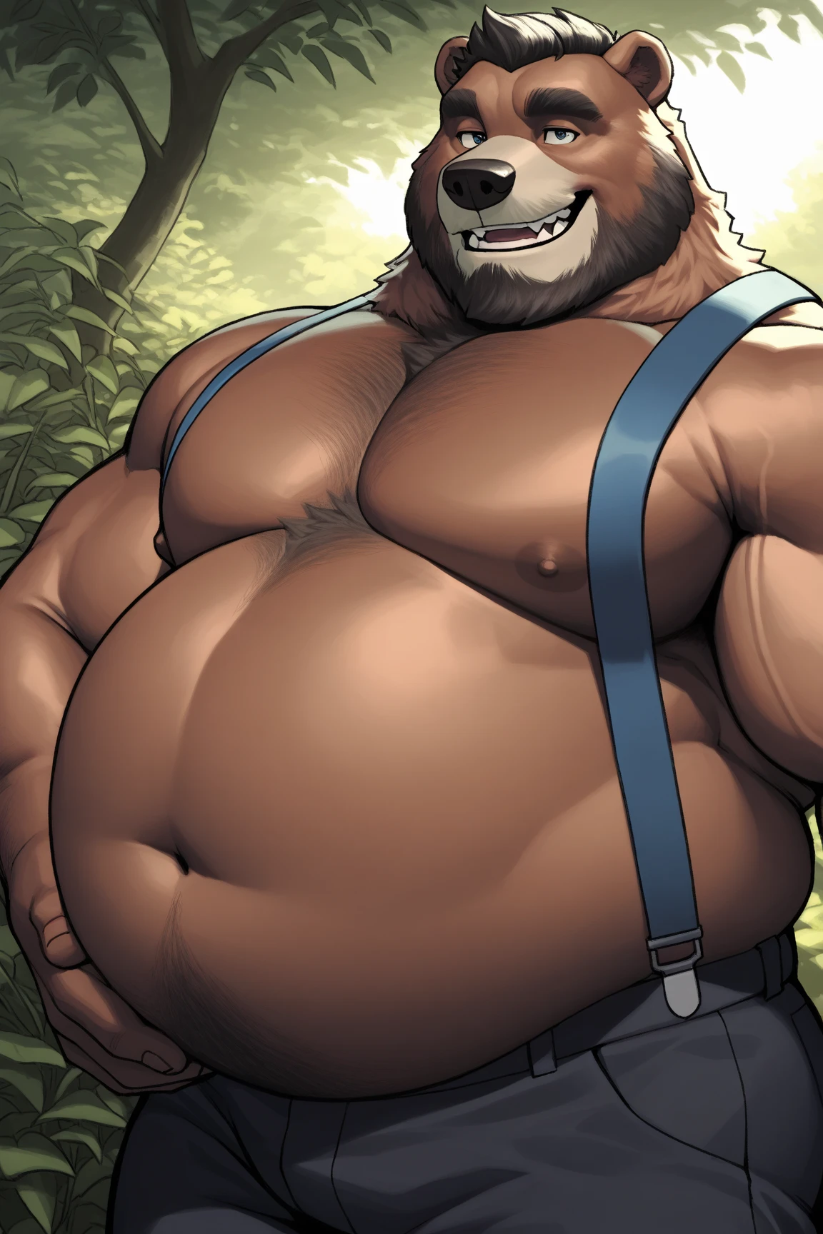 sexy muscular male raccoon so hot and handsome outdoors posing for the camera wearing a very sensual and revealing apron dressed nothing completely naked nude NSFW (penis, balls, big penis), handsome and sensual daddy