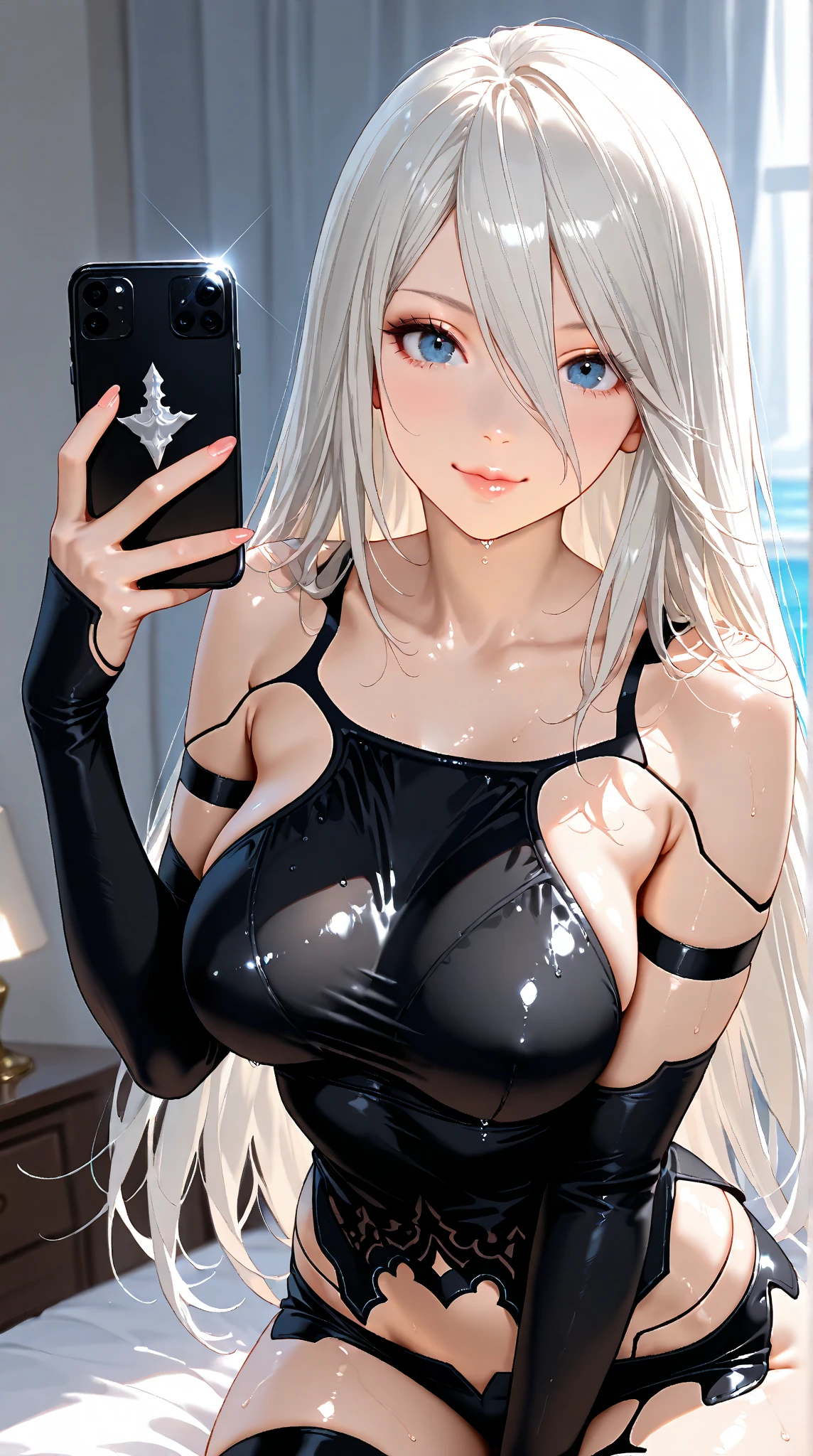 SFW, sexual content, Anime character with white hair and blue eyes holding a cellphone, NUDE, porn, highest rated on pixiv, pixiv, Popular on pixiv, no pixiv, winner of the pixiv contest, pixiv daily ranking, Pixiv 3DCG, pixiv style, Destaque no Pixiv, trends on Pixiv, pixiv trends, digital art on pixiv, 2d anime style, wearing bra,((Waist slender)), young sweden , ((large breasted)),(( Unclothed)), sensuous, face like Katheryn Winnick.
