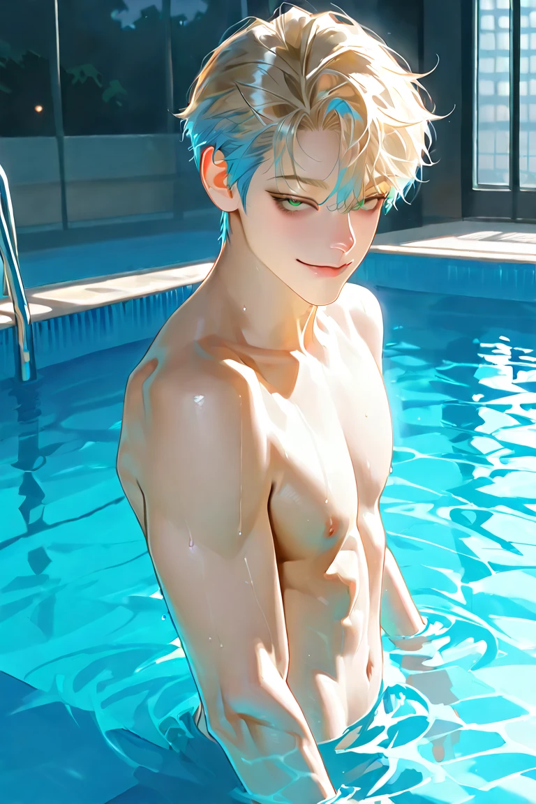 1boy, ((bara:1.5)), sport body, sexy, spread legs, detailed face, detailed hands, detailed legs, detailed fingers, detailed hair, detailed eyes, detailed skin, dynamic lighting, (detailed lighting:1.2), (detailed textures:1.3), (realistic lighting:1.2), realistic shadows, realistic skin, (photorealistic:1.4), 8k uhd, (hyper realistic), (photo realistic), (masterpiece), (best quality), body paint, naked, bare chest, flat chest, bare shoulders, bulge, underwater, wide angle, swimming, athletic body, male, iridescent skin, perfect eyes, messy green hair , bio-luminescent