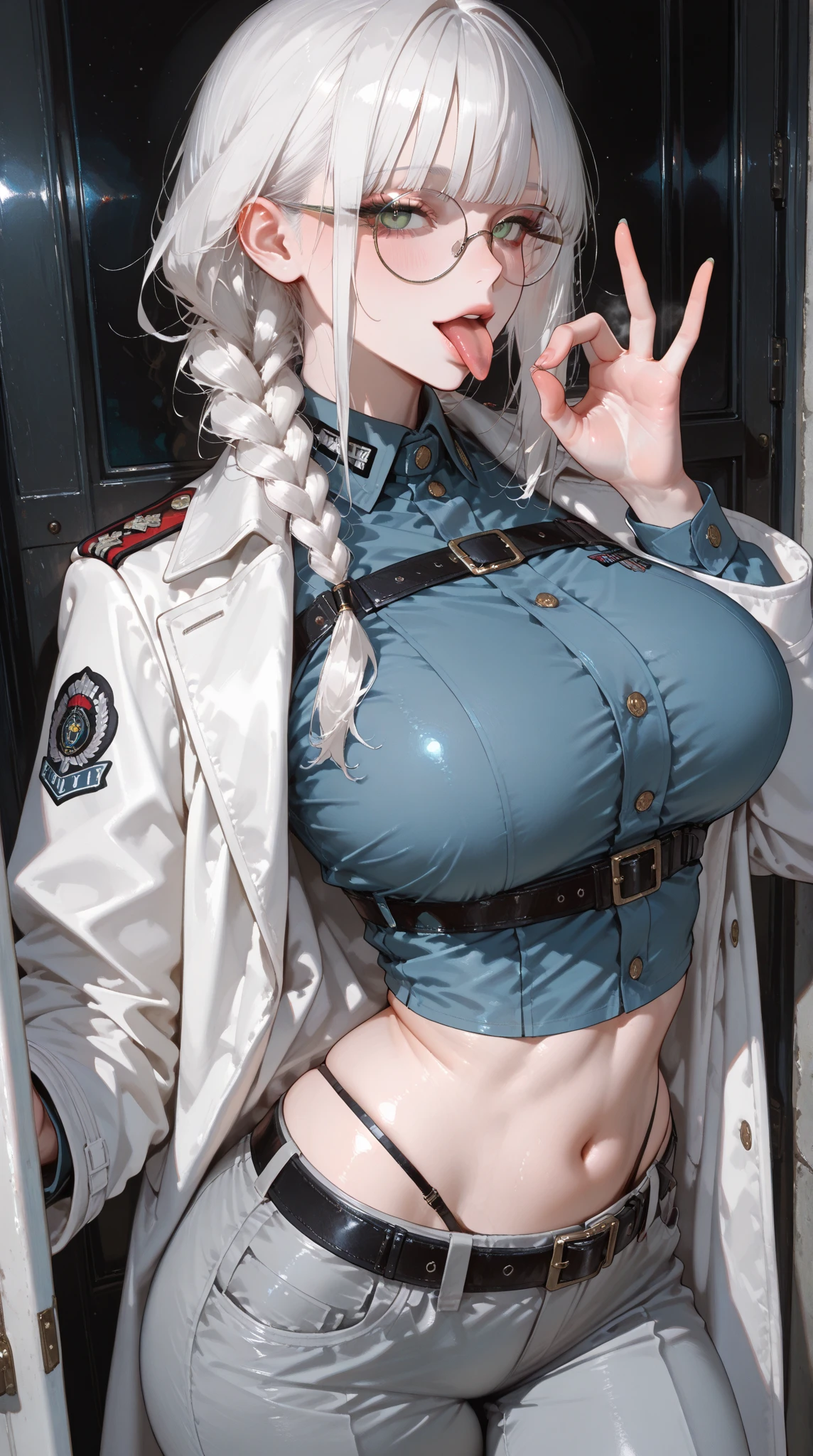 (masterpiece, best quality:1.4), (standing:1.2), (upper body:1.4), (wielding a sword:1.5), sexy smile, 1girl, solo, (european youth:1), 1girl, ghislaine_mushoku_tensei, one-eyed, grey hair, cat ears, dark skin, muscular, grey hair, long hair, animal ears, (eyepatch:1.2), red eyes, red choker, large breasts, scar on face, gloves, bare shoulders, cleavage, bandeau, underwear, fur-trimmed jacket, scar on stomach, open belt, green pants, open pants, panties, tail, looking at viewer, beautifull smile, beautiful face, highly detailed face, highly detailed skin, skin pores, subsurface scattering, realistic pupils, medium breast, full face blush, full lips, detailed background, depth of field, volumetric lighting, sharp focus, absurdres, realistic proportions, good anatomy, (realistic, hyperrealistic:1.4), 16k hdr,(,big breasts:1.3), (thick thighs:1.2),nude