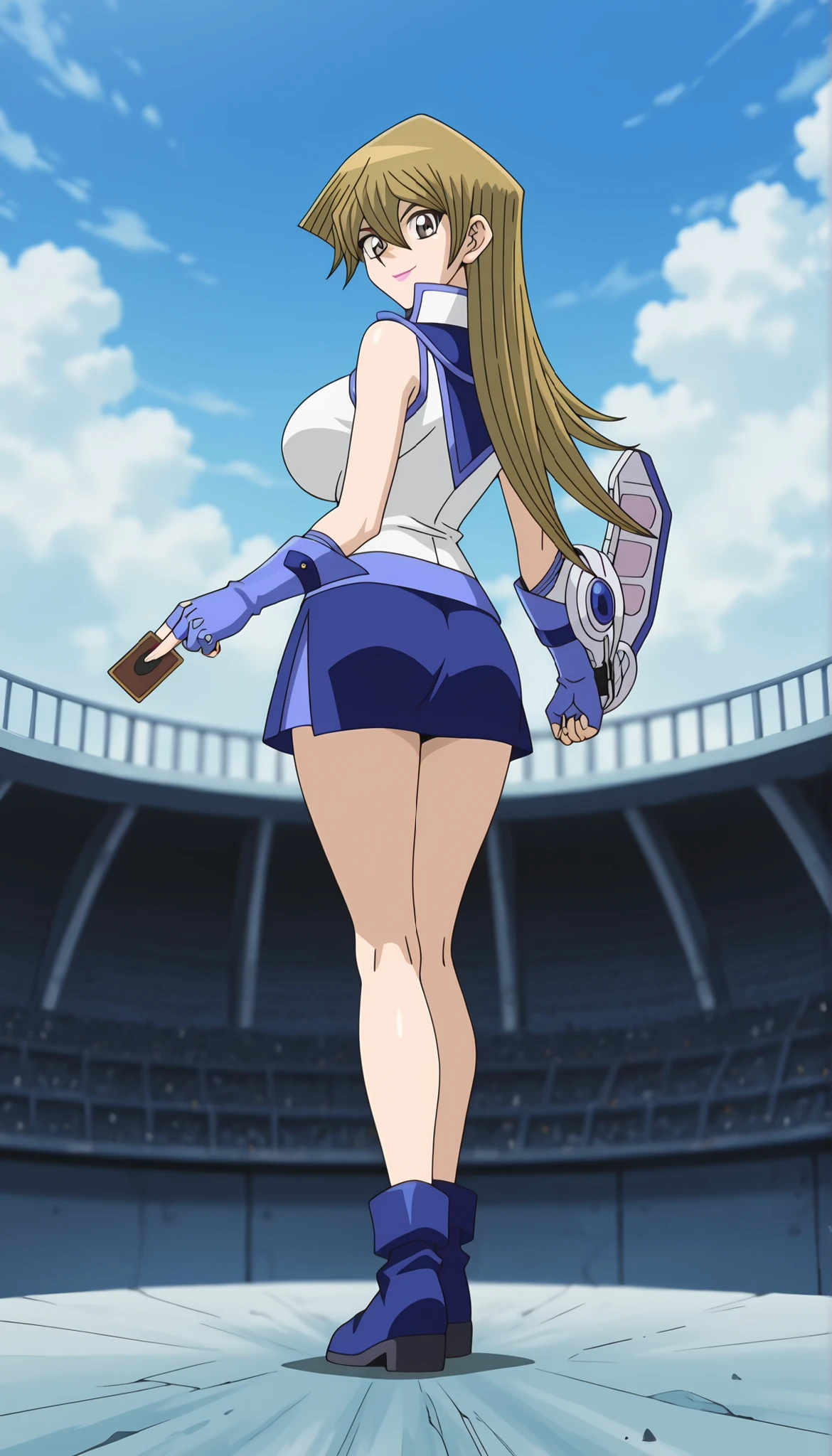amazing quality,very aesthetic,absurdres,best quality,newest,masterpiece,4k resolution,anime screencap,BREAK,1girl,solo,AsukaT, blonde hair, brown eyes, hair between eyes, long hair, huge breasts, pink lipstick, cute anime eyes, long hair, BREAK,duel academy uniform \(yu-gi-oh! gx\), sleeveless, sleeveless shirt, turtleneck, blue skirt, gloves, fingerless gloves,(equipment duel disk at left arm),BREAK,standing,draw a card,dynamic action,knees together,BREAK,smile,BREAK,full body ,back view,looking at viewer,sky,background duel stage