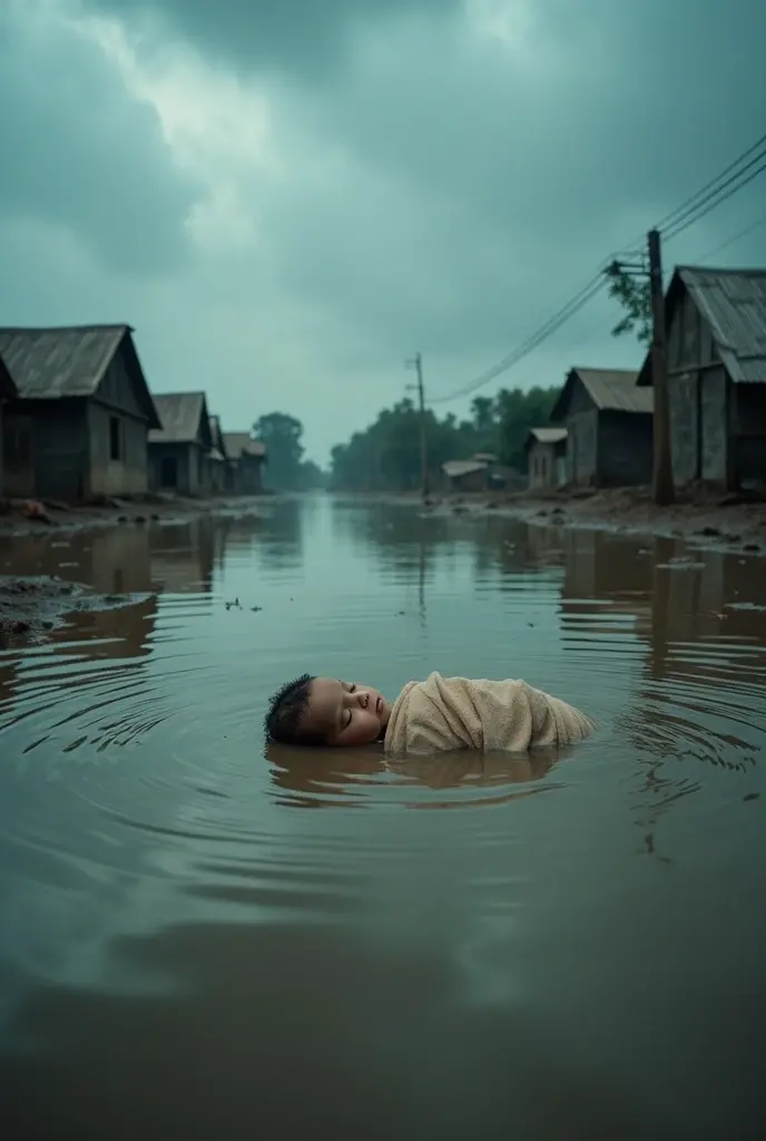 An indian baby floating on flood water