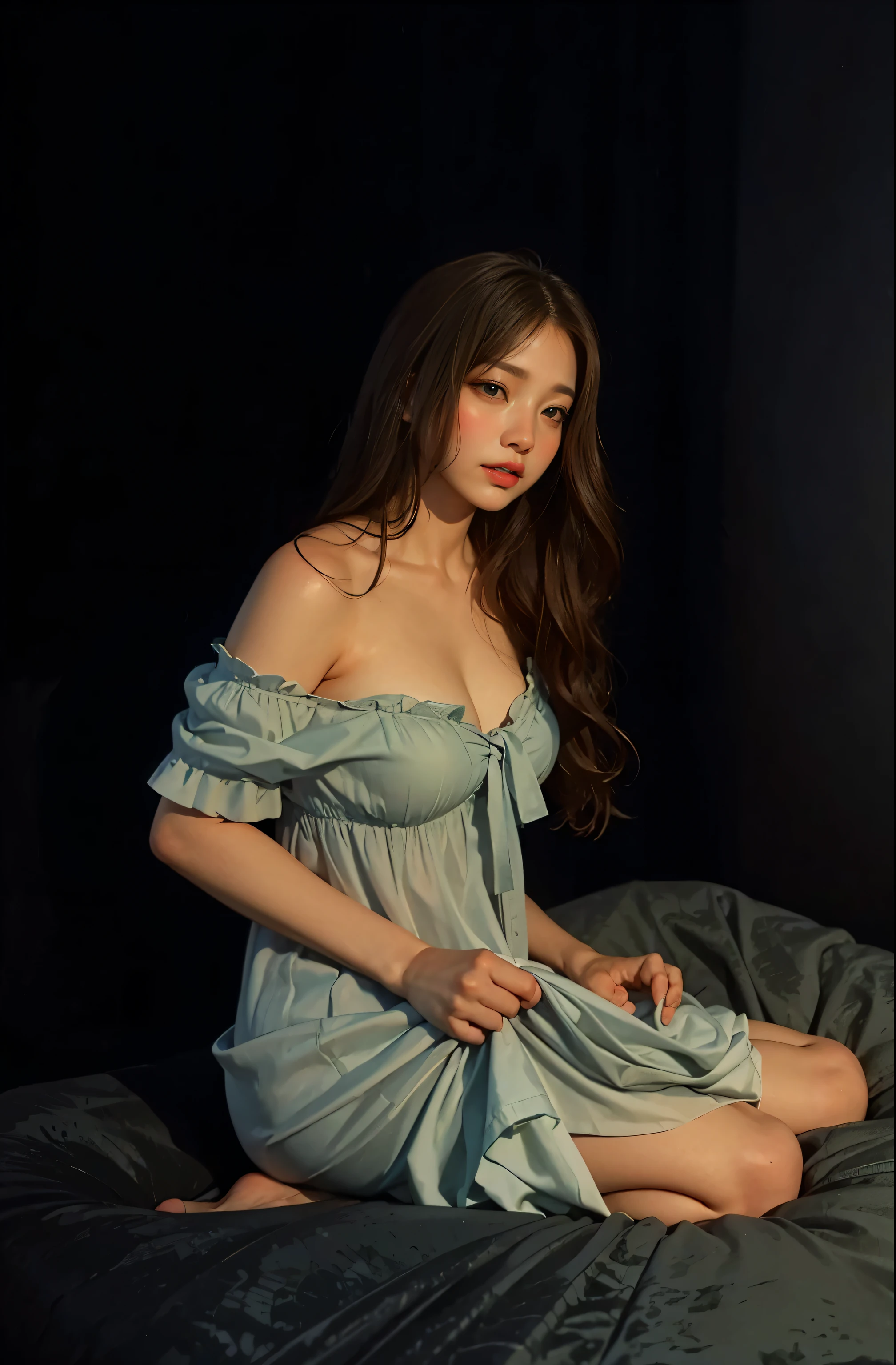 A cute girl with pale white skin and blue eyes in a pretty blue dress ((off the shoulder))lying on the bad, huge breast((OVERFLOWING BREAST)), Overflowing breast , big boobs, long hair ((BRAIDS HAIR)), very large breasts,((very huge breast, very huge chest, very huge boobs)),large buttocks, small waist. Lying in front of camera, Full body , badroom, ((OFF THE SHOULDER TOP))breasts that are so big they pop out of their sockets