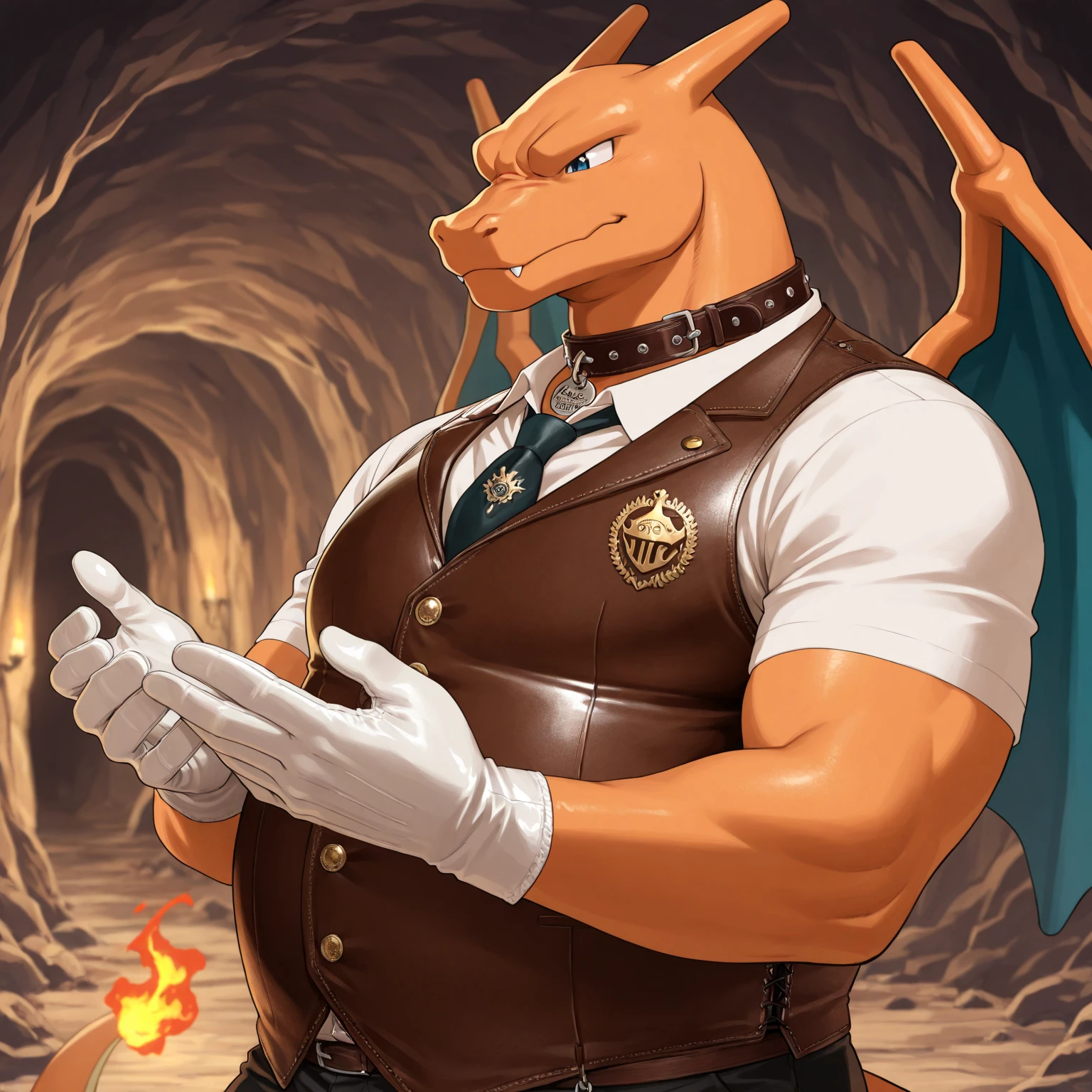 a giant gigantically muscular chained up anthro sergal, full body latex bodysuit, his gigantic hyper giant penis and balls bulge, shiny velvet fur, he has huge round pecs, , massive arms, big thick thighs, broad shoulders. his giant arms are chained up above his head. hes wearing a black harness with super thick straps, belly , legs wide, small head, huge black glossy nipples pierced, big long tail, lots of gold jewellrry, surrounded by gold trinkets, muzzle tied shut with strap, dark dungeon, dynamic mischevious pose, side view, wide angle lens, by darkgem