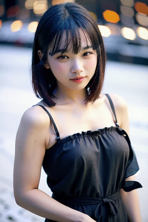 (highest quality:1.5)、(Real:1.5)、(1 person:1.5)、Low-angle composition、Buckshot、Medium Shot、Looking back pose、(Very detailed)、(High resolution)、8k、Small breasts、Natural color lip、Cute smile、Japanese women、20 year old girl、Thin eyebrows、Beautiful and elegant face、Cute face、Cute eyes、Large, balanced eyes、Big Eyes、Fair skin、Beautiful and elegant face、Natural Bangs、Beautiful and thin nose、 Beautiful Skin、Medium Bob Hair、Natural Bangs、Perfect and beautiful facial features、Slim face and figure、(With a cute expression)、(Bright lighting)、Professional Lighting、(Lighting from the front)、Adorable smile、cute、Beautiful shoulders、Simple Background、Outdoor、Poses that show off your beautiful back、赤いdress、(スカート丈が超短いマイクロミニスカートのdressを着る)、Beautiful shoulders甲骨、Upper Body、Open your back、Show your back、dress、(Wearing garter belts and knee-high lace stockings)、Beautiful thighs、