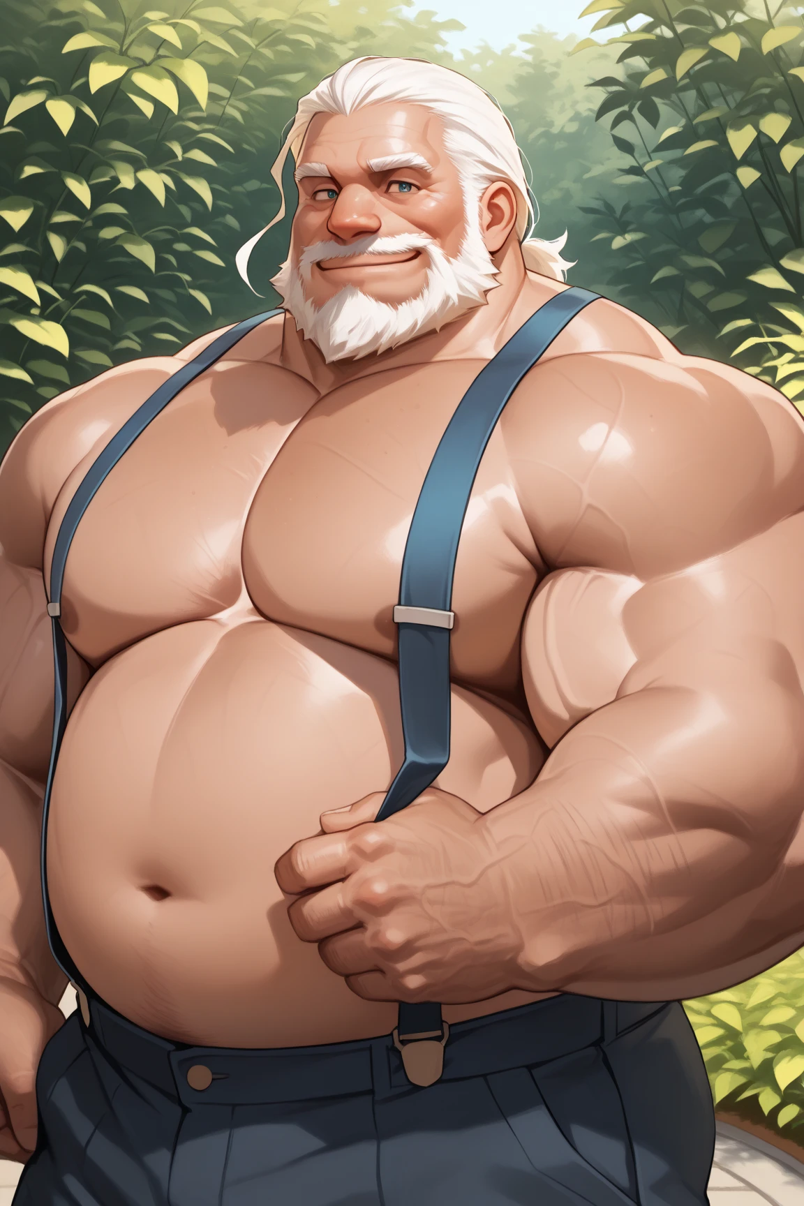Dwarf Uncle the base of the tree Lie on your back Long, large white beard Black mustache Frowning Deep wrinkles on the face Almost naked The only clothes she was wearing were a white tank top and some revealing pants. Hairy body hair Sweat The shirt is rolled up a little, exposing her belly hair and pubic hair. hat Armpit hair Spread your legs Leg hair Plump Pubic hair sticking out from pants Anime taste