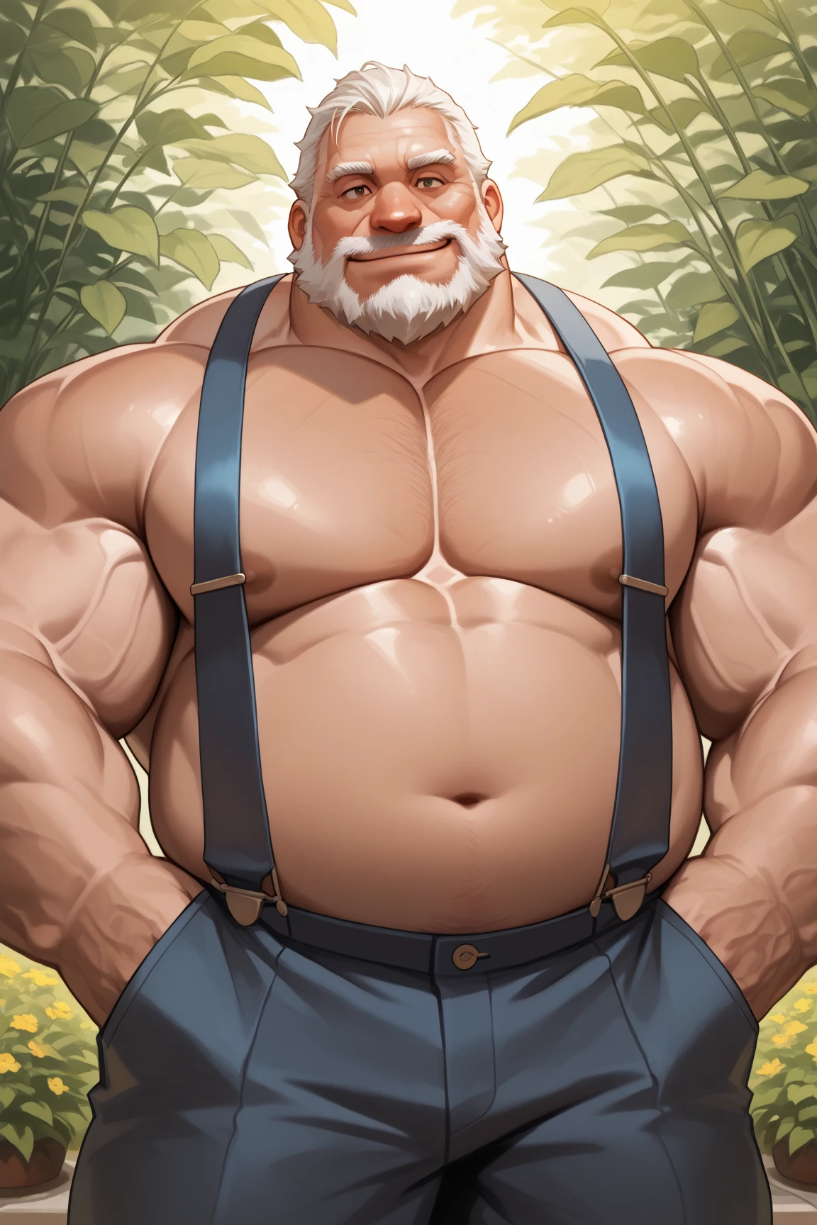 8K, Wide expansive Victorian era County Manor in background, huge muscular Gardener, old man, wearing dungarees with large bulge, , no shirt, hairy chest, grey hair, bald head, beard, pushing wheelbarrow in vegetable garden, smiling friendly face, sweating under the sun,