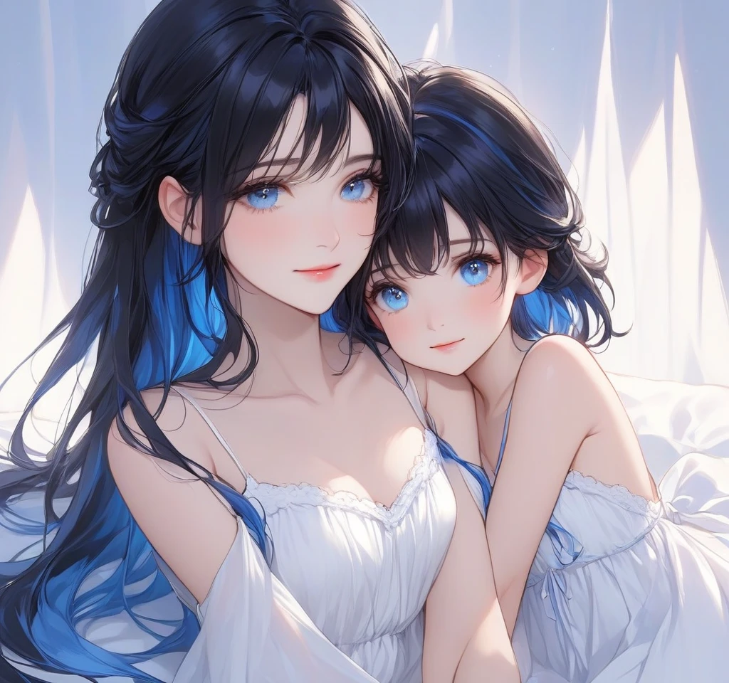 (panoramic:1.3, profile style), (1 woman is hug a daughter), (a forehead blue hair long hair 26 yo sexy woman, in a white one piece dress, big tits), and, (a forehead blue hair long hair 15 yo immensely cute daughter, in a black summer one piece dress, small tits), master quality ((They cry and hug each other)), break, in the lounge, good morning, BREAK, 16K, masterpiece, best quality, beautiful detailed grow.