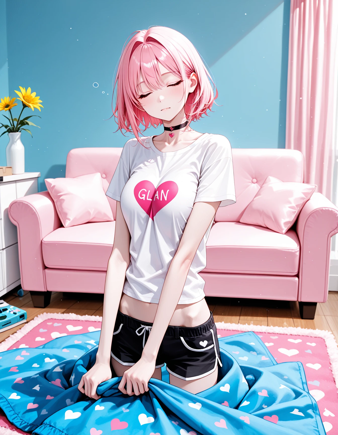 Disney Pixar style, cute girl with short pink hair with bangs, wearing white shirt and pink shorts, looking to tv , in a TV room, sitting on the sofa, top view, realistc, 8k
