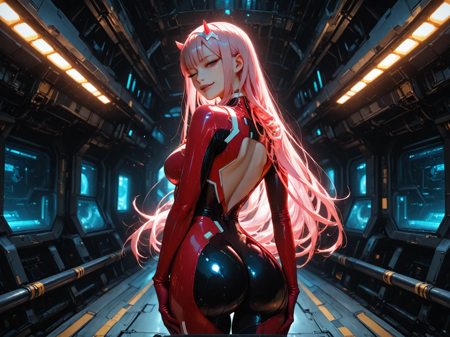 ZeroTwo, Zero Two, Adult girl, (evil grin:1.2)(aquamarine eyes:1.4), hairband, Horns, hairlong, pink hair, Red mechanical horns, white hairband, covered navel, Muscular girl, big breastes, hip bounce, Skinny, pilot suit, Red Bodysuit, sits on a chair with his legs spread, hands behind head, science fiction, looks at the viewer, (Masterpiece:1.2), Best Quality, High Resolution, Unity 8k壁纸, (illustartion:0.8), (beautiful detail eyes:1.6), extremely detailed face, perfect lighting, extremely detailed CGI, (perfect arms, perfect anatomy),