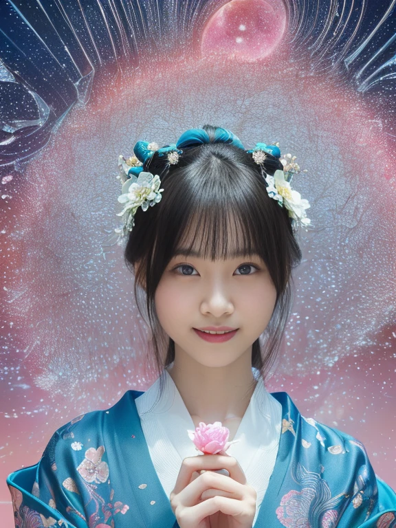 Mysterious figure covered in translucent cloth, painted in abstract style, With mysterious and memorable portraits. Crystal ornaments that beautifully decorate your hair, A dream-like space with pastel colors and soft lighting. Capturing serenity and indescribable beauty. A masterpiece with attention to detail, unparalleled complexity. The figure, deadpan、Vibrant emotions conveyed through the intertwining of colors and shapes. Inspire your audience'Use your imagination with detailed instructions. zora々A 12-year-old girl with a beautiful face and innocence...., Exudes a childlike charm.