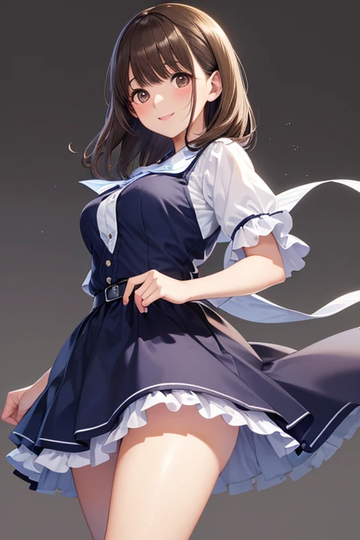 top-quality、extremely delicate and beautiful、Teen Girls、small tits、((((Solo Girl))))、11years old girl、(dark brown hair)、Blue clothes with vertical buttons、Belt at waist、White skirt、(((poneyTail)))、(white hairband)、(Brown boots)、blue eyess、is standing、A smile、