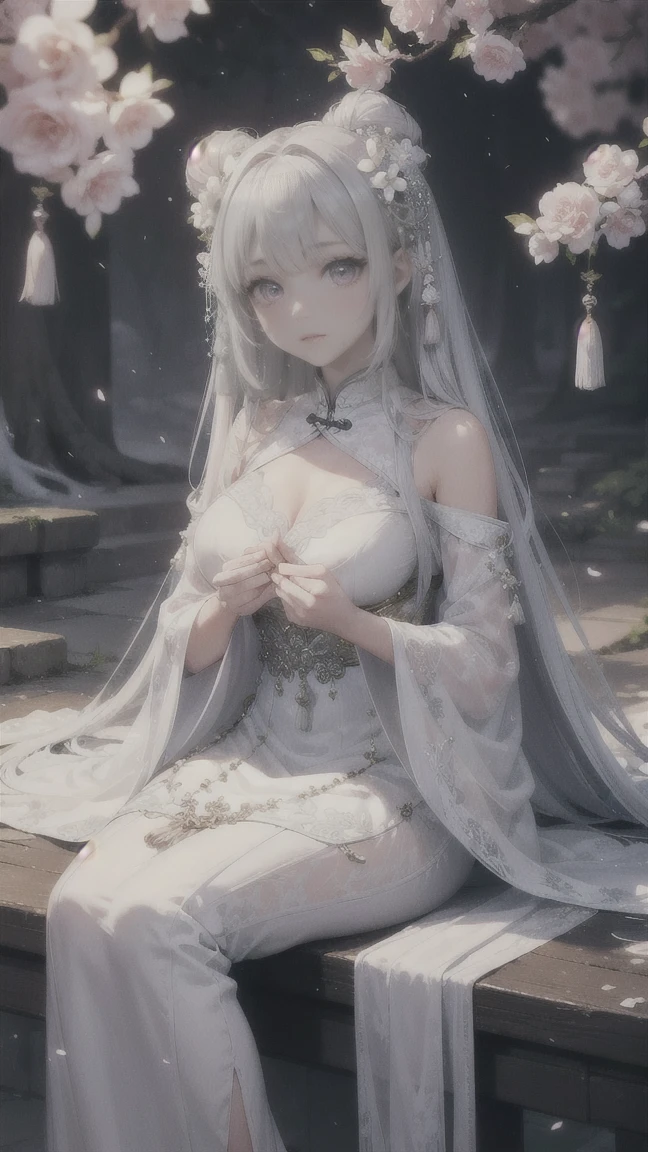 (masterpiece, best quality),1girl with long white hair lounging on a throne in an old stone castle, cold lighting, elaborate long blue dress, foliage through the stone walls, glowing blue eyes