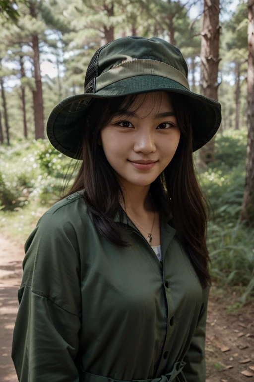 close up shot of beautiful korean female, 34 inch breasts size, wearing gardener suit, collecting mushroom from the forest, bokeh background, UHD