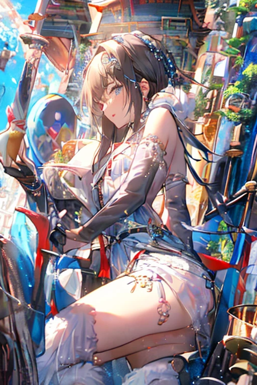 masterpiece, best quality, JingliuV5, 1girl, solo, gloves, gloves, dress, bare shoulders, closed mouth, boots, sky, black gloves, black footwear, blindfold, night sky, full moon, elbow gloves, armpits, arms up, ((chain, bound, restrained:1.3)), sitting, wariza, night, starry sky, sky, cowboy shot, view from below, far shot