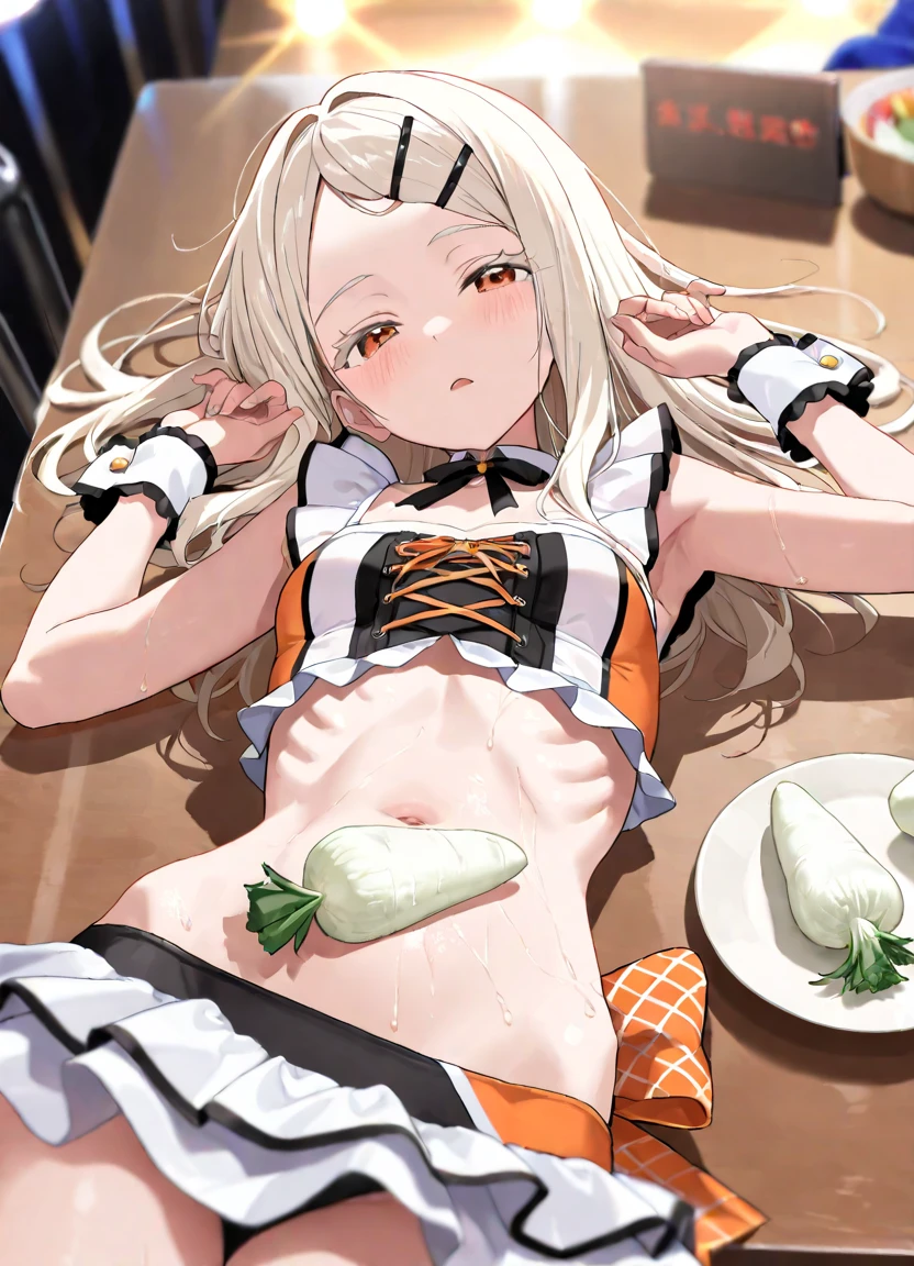 (score_9,score_8_superior,score_7_superior,score_6_superior,score_5_superior,score_4_superior), sauce_anime, (evaluation_Safety:0.0), (evaluation_i doubt it:0.0),(evaluation_Explicit:1.0),Highest quality, masterpiece, No correction, Beark,shinosawa hiro,thin,Orange eyes,White eyelashes,Blonde,Long Hair,Hair Clip,cute panties, flat chest,white background,barefoot,lying,camisole,Heavy breathing,