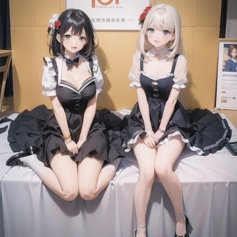 Highest quality,masterpiece,An idol group whose selling point is eroticism,Two-tone hair color,A good friend,Promotional photo shoot,During a break,Photo studio,chatting,Earrings,Sexy costume