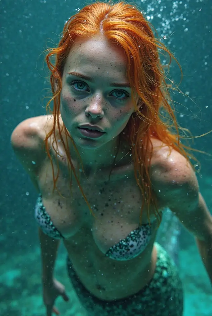 Create a hyperrealistic image of a girl diving. Underwater picture. She has wet, red hair. Perfect face, perfect body, big breasts naked
