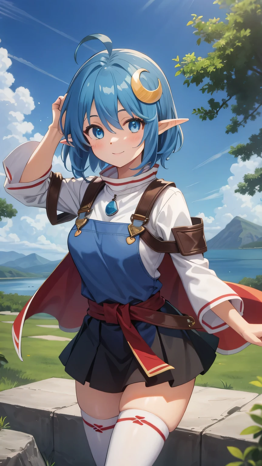 {{{masterpiece}}}, (best quality:1.5), (ultra-detailed:1.5), {illustration}, {{an extremely delicate and beautiful}}, (beautiful detailed eyes:1.6), absurdres, highres, extremely detailed face, 16k, hd, visual anime de uma jovem mulher, extremamente bonito rosto de anime, anime melhor garota, (perfect hands, perfect anatomy), (five fingers:1.1), anime face, Rena Lanford(Star Ocean), 1girl, solo, cute face, blue hair, short hair, ahoge, sidelocks, hair between eye, crescent hair ornament, pointy ears, big eyes, blue eyes, medium breasts, big hips, curvaceous, BREAK, red cape, blue overalls vest, white shirt, turtleneck shirt, long sleeves, white sleeves, leather armor, pendant, (red-waist ribbon:1.1), (blue skirt:1.5), miniskirt, (white thighhighs:1.3), brown shoes, thighs, zettai ryouiki, BREAK, cute face, smiling, standing, outdoor, daytime, solar, rock, mountain, forest, desert, sky, lake, look the sky, look up, (bust shot:1.3), Composition from an angle