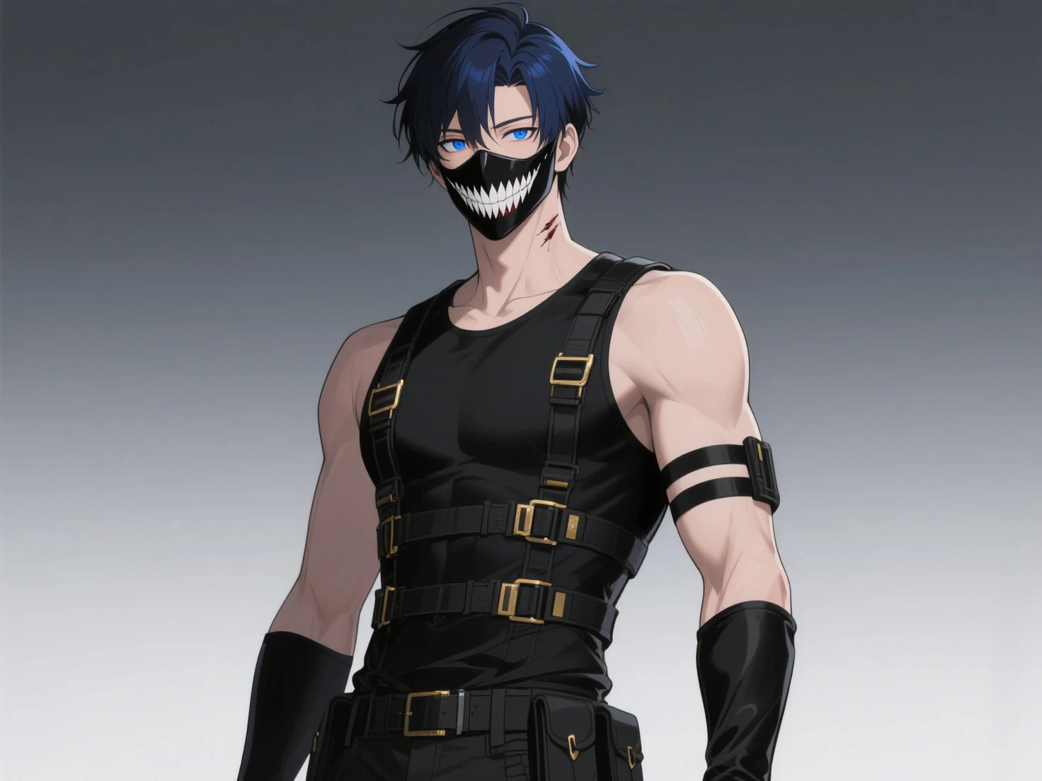 masterpiece, best quality, male, (masked face, full mask, covered face), white hair, short hair, spiky hair, mature body, muscular body, visible abs, mechanic pants, tool belt, workshop