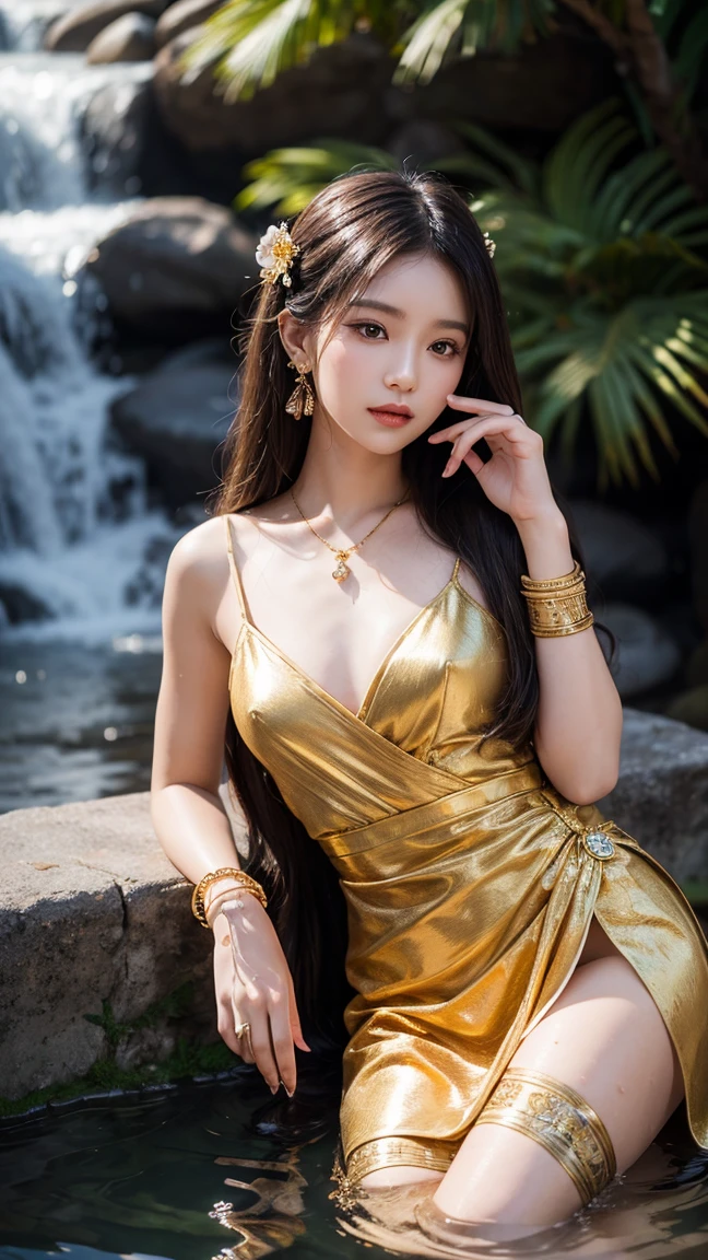 (((best quality))),(((ultra detailed))),(((masterpiece))),illustration,((1 beautiful girl,ancient greek princess,solo)),((earrings,crystal necklace)),(((sweat,wet,shiny skin))),((slim,thin)),((small breasts,flat chest)),(Gorgeous sheer dress:1.3),(slender legs:1.2),(((luxurious pool,grand temple,starry night sky))),summer,radiant complexion,(shoulder length straight hair:1.2),graceful,intricate patterns,embellishments,shimmering fabric,rainbow colors,gentle waves,fragrant oils,lush plants,elegant columns,serene ambiance,(surrounded by crowded crowds of attendants:1.3),ritual of cleansing,opulence,tranquility,solitude,busy life,timeless,enchanting image,essence of ancient greece,((from front,upper body))