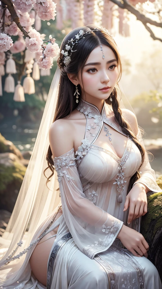 Create an ultra-realistic, lifelike image of a Japanese beauty character with long silver hair and large blue eyes. She is wearing a thin fabric white fantasy outfit adorned with delicate decorations that shimmer in the light. The character is posing elegantly, standing gracefully. The background features a light-filled simple design with a white theme, emphasizing the beauty of the character. The illustration technique includes emphasizing the contrast of light and shadow, using advanced rendering techniques to harmonize the character with the background. The image should be in a vertical format to highlight the beauty of the character and the dreamlike quality of the setting.