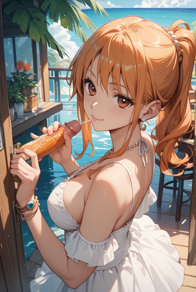 (highest quality)), ((masterpiece)), (Familiar), Perfect Face,Shiny skin,Beautiful breasts,Kyoto Animation style drawing,Shiny skin、hoodie、Sunburned skin、Sweat、Off the shoulder、cow pattern swimsuit、Double teeth
、Young、Big Breasts、Embrace、hot spring、dark skin、close、near、Having popsicles、night、Blonde